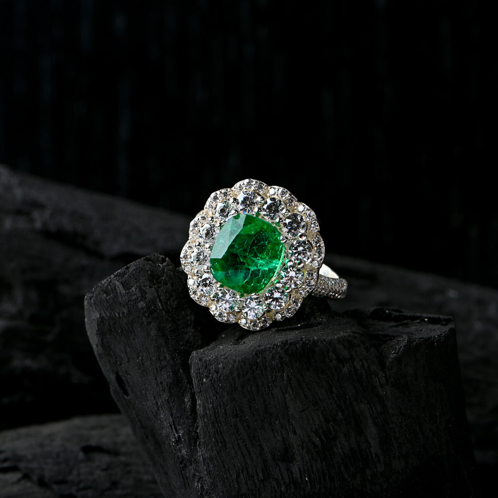 Bold Lab-Created Emerald & CZ Ring – 925 Sterling Silver Statement Ring