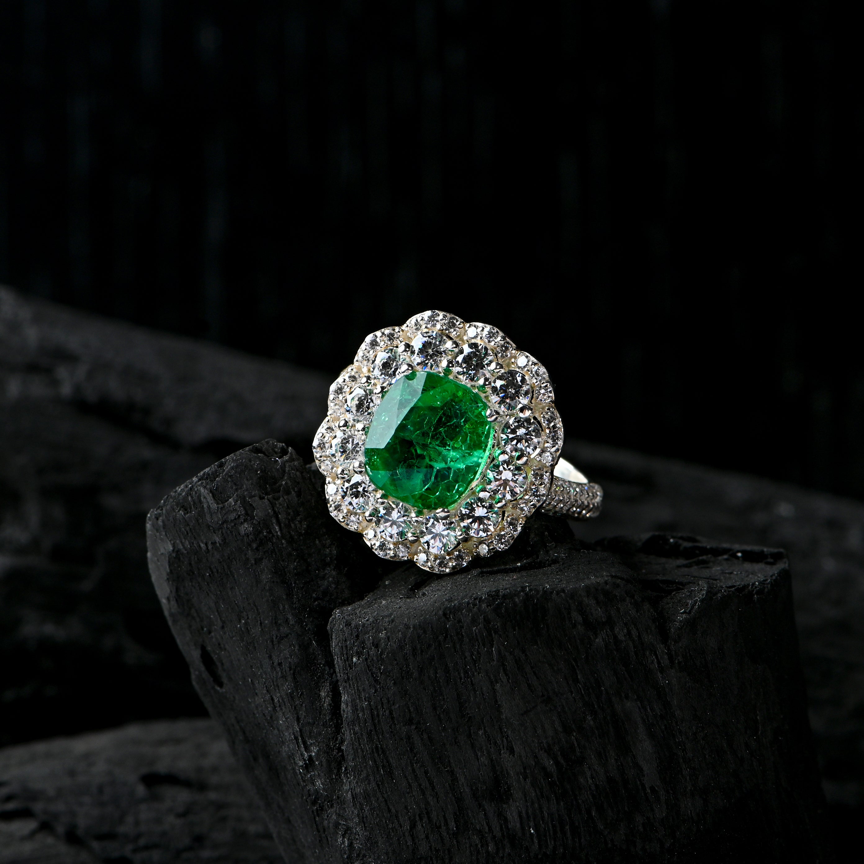 Bold Lab-Created Emerald & CZ Ring – 925 Sterling Silver Statement Ring