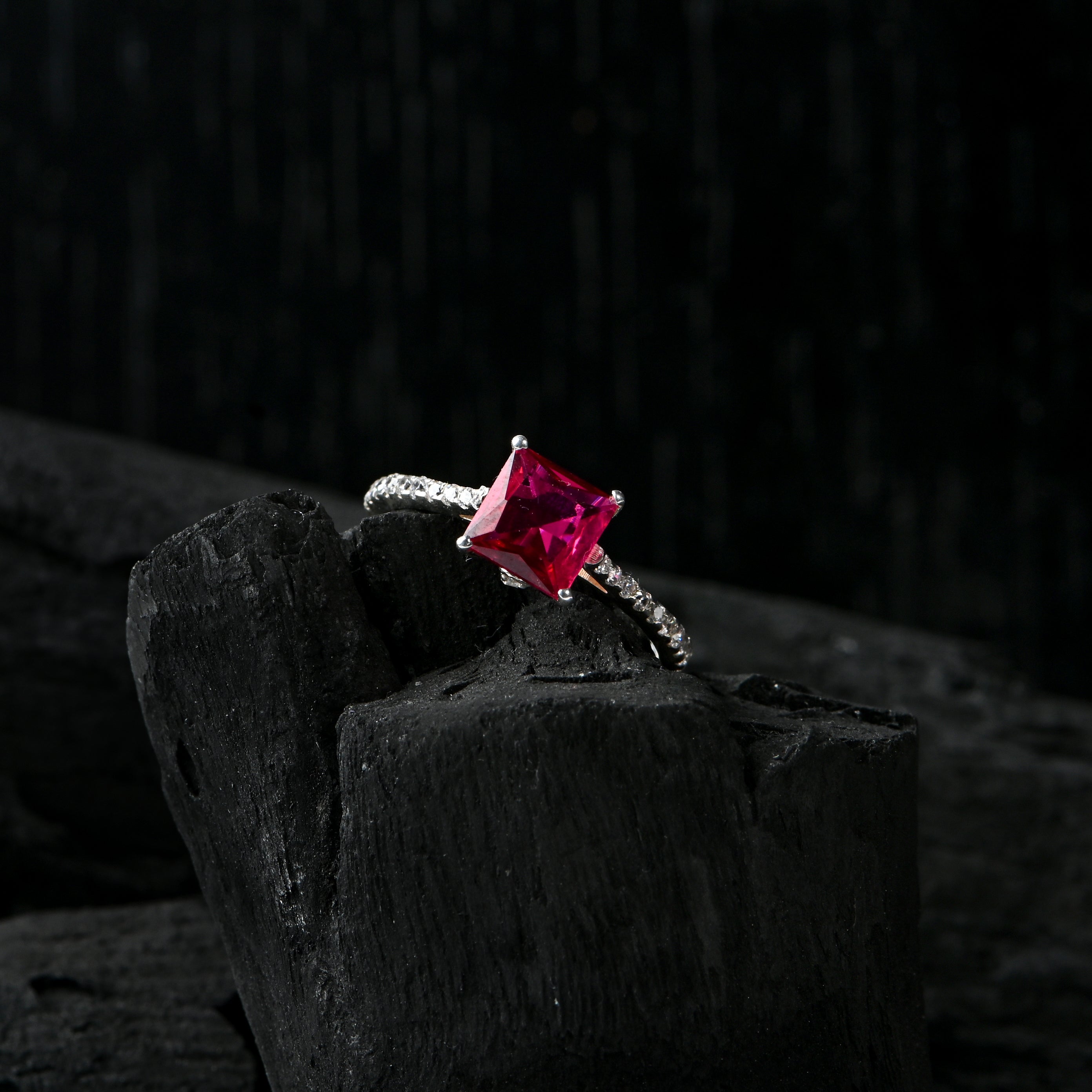 Sterling Silver Lab-Created Ruby Ring with Cubic Zirconia Accents – Princess Cut