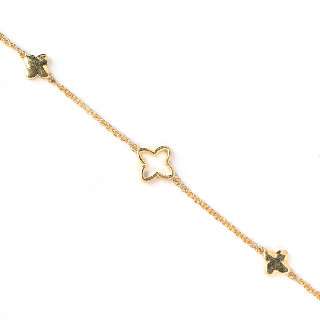 Gold-Plated Silver Clover Charm Bracelet with Moissanite Accents