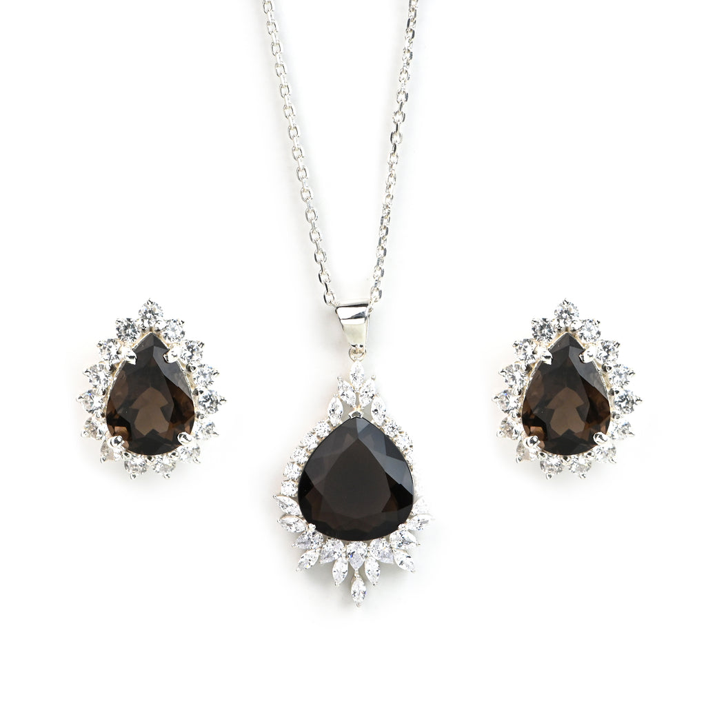 925 Sterling Silver Smoky Pear Necklace Set with Prong-Set Gemstone