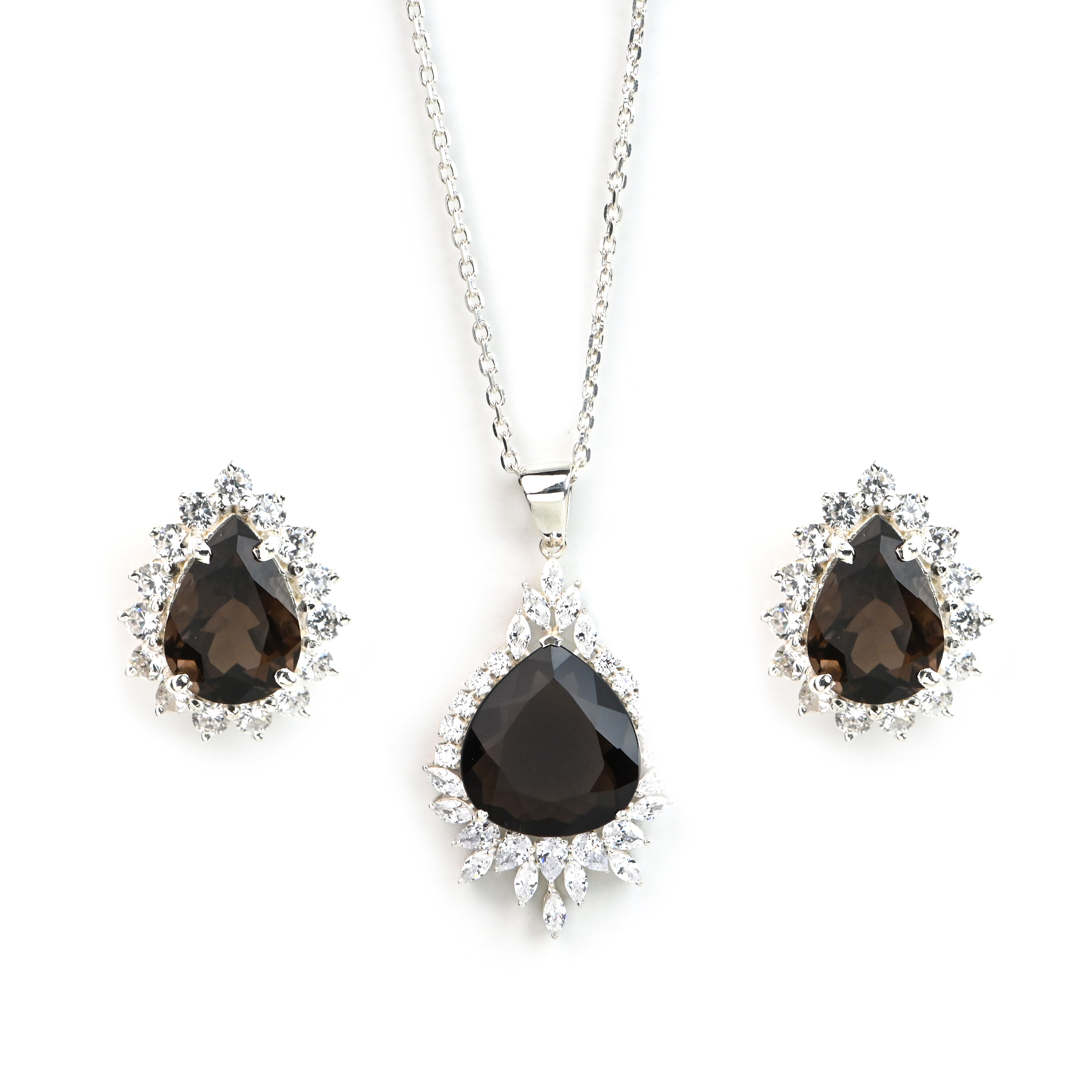 925 Sterling Silver Smoky Pear Necklace Set with Prong-Set Gemstone