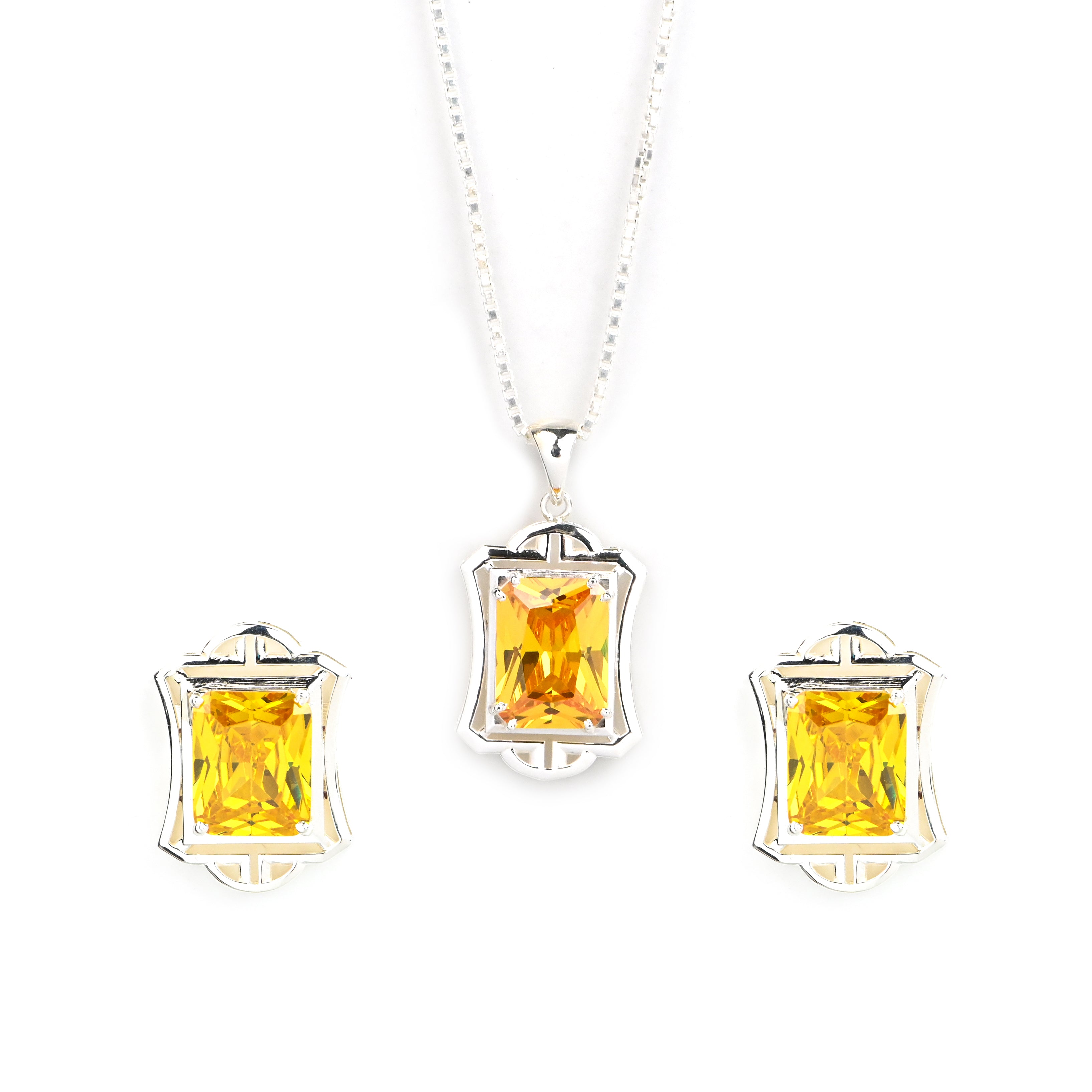 925 Silver Prong-Set Citrine Octagon Pendant With Earring – 30g Party Wear