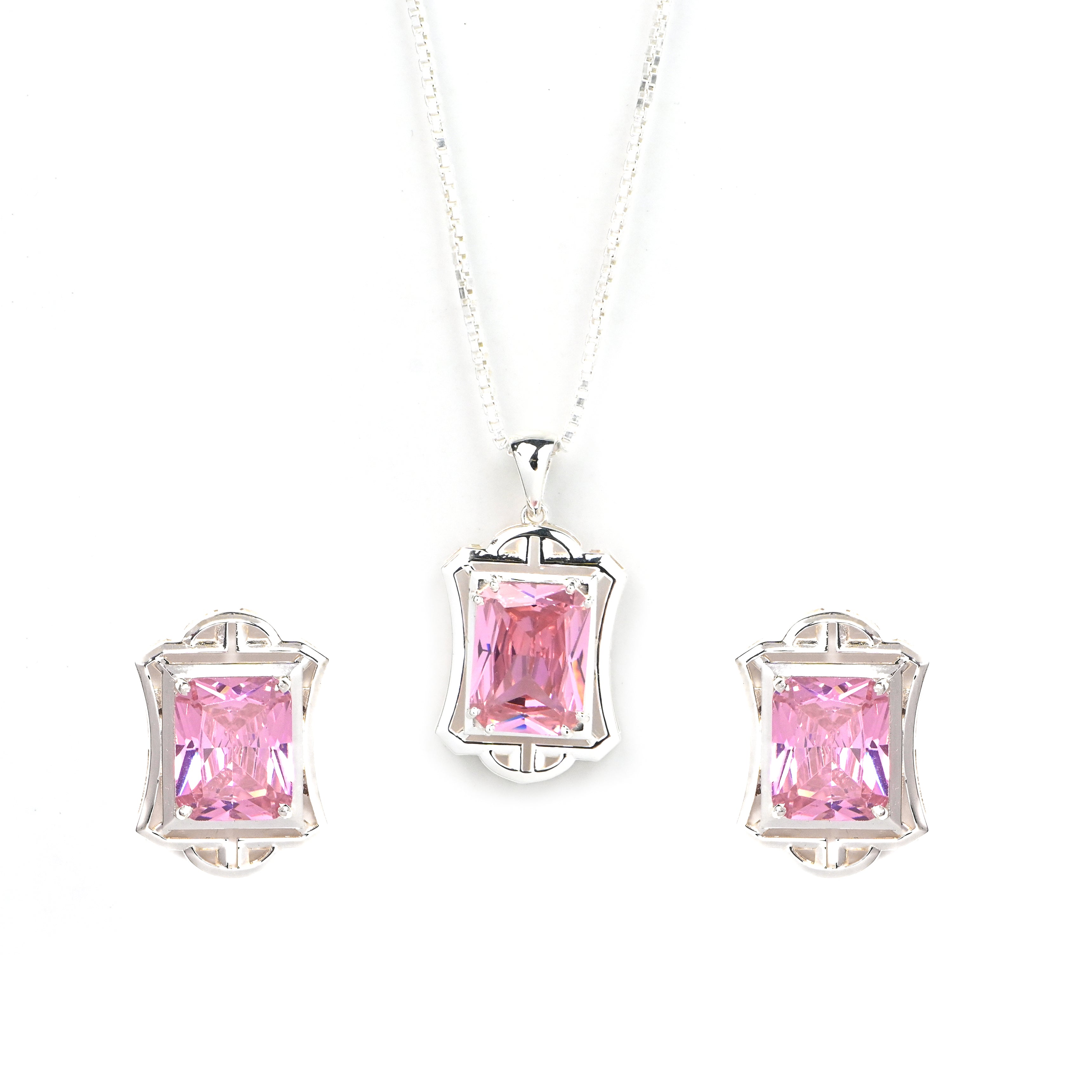 925 Silver Prong-Set Radiant Emission Necklace with Matching Earrings Wedding Gift