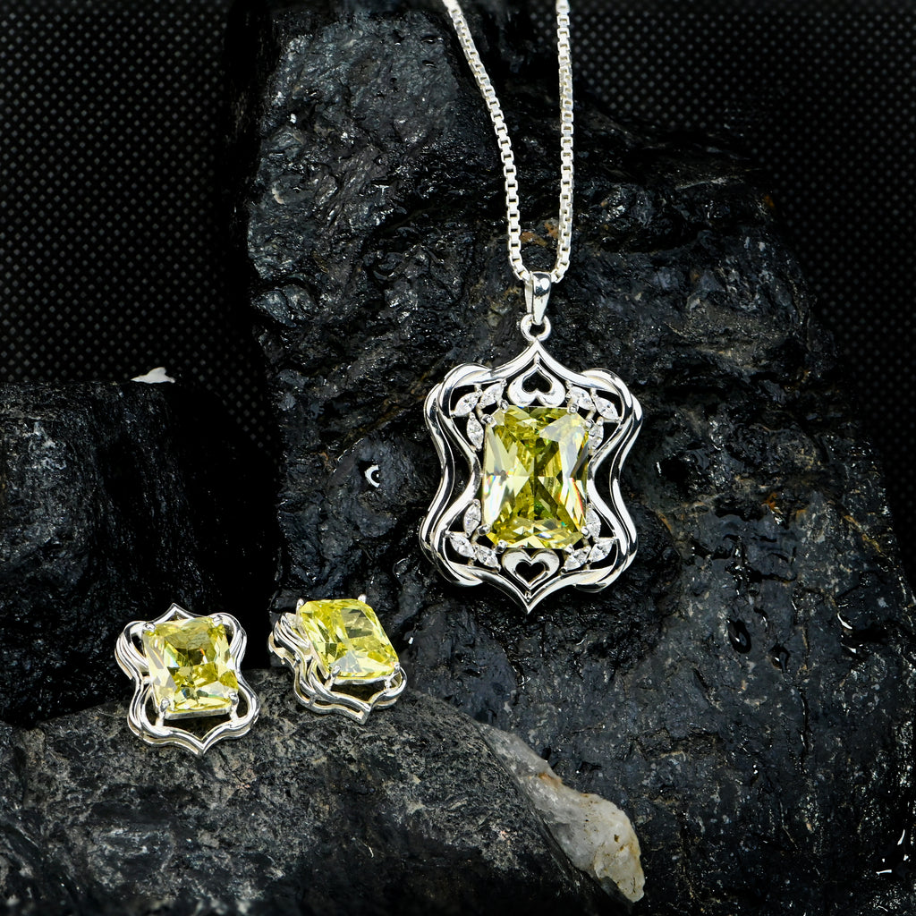 925 Silver Prong-Set Radiant Emission Necklace with Matching Earrings Birthday Gift