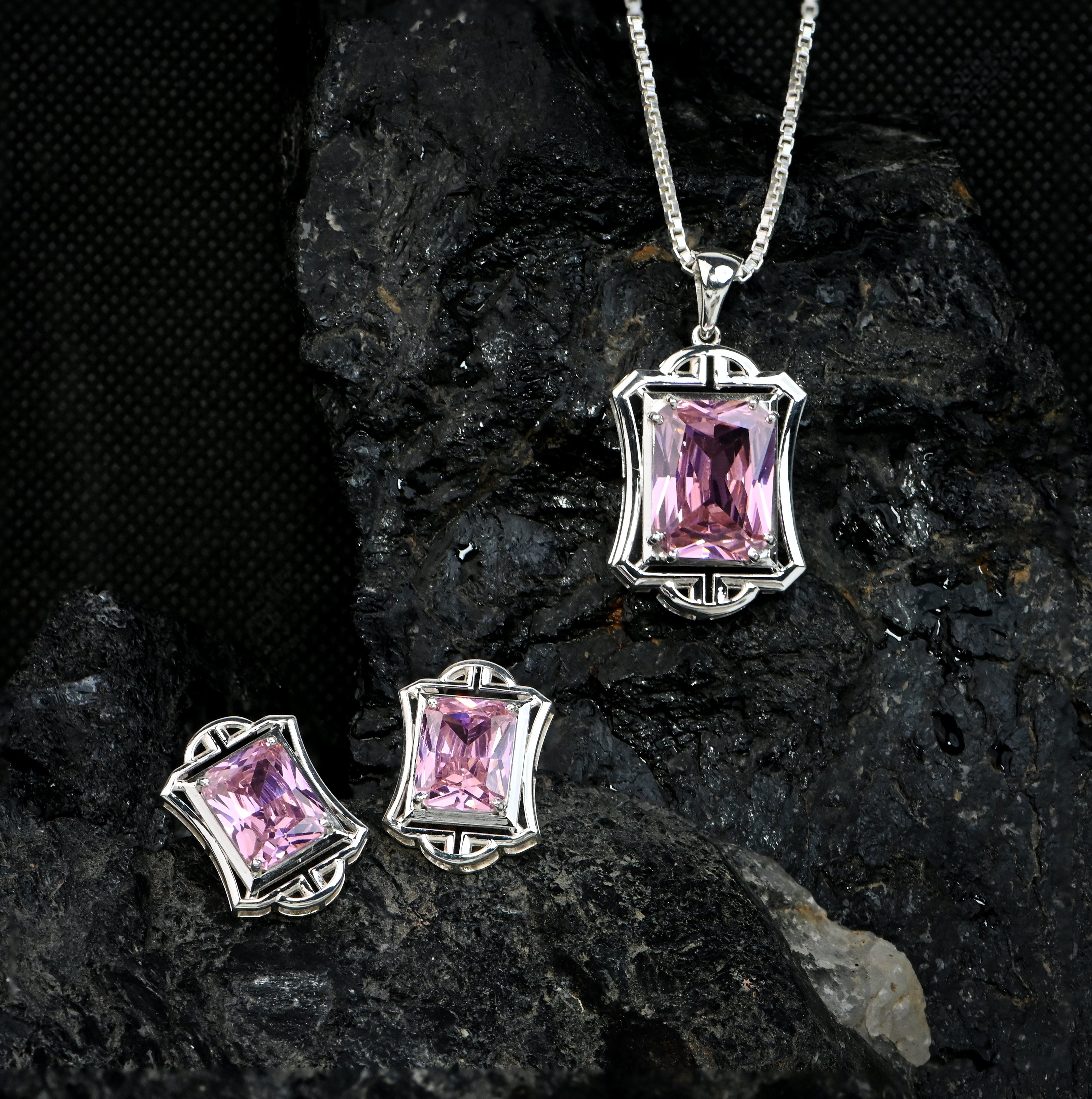 925 Silver Prong-Set Radiant Emission Necklace with Matching Earrings Wedding Gift