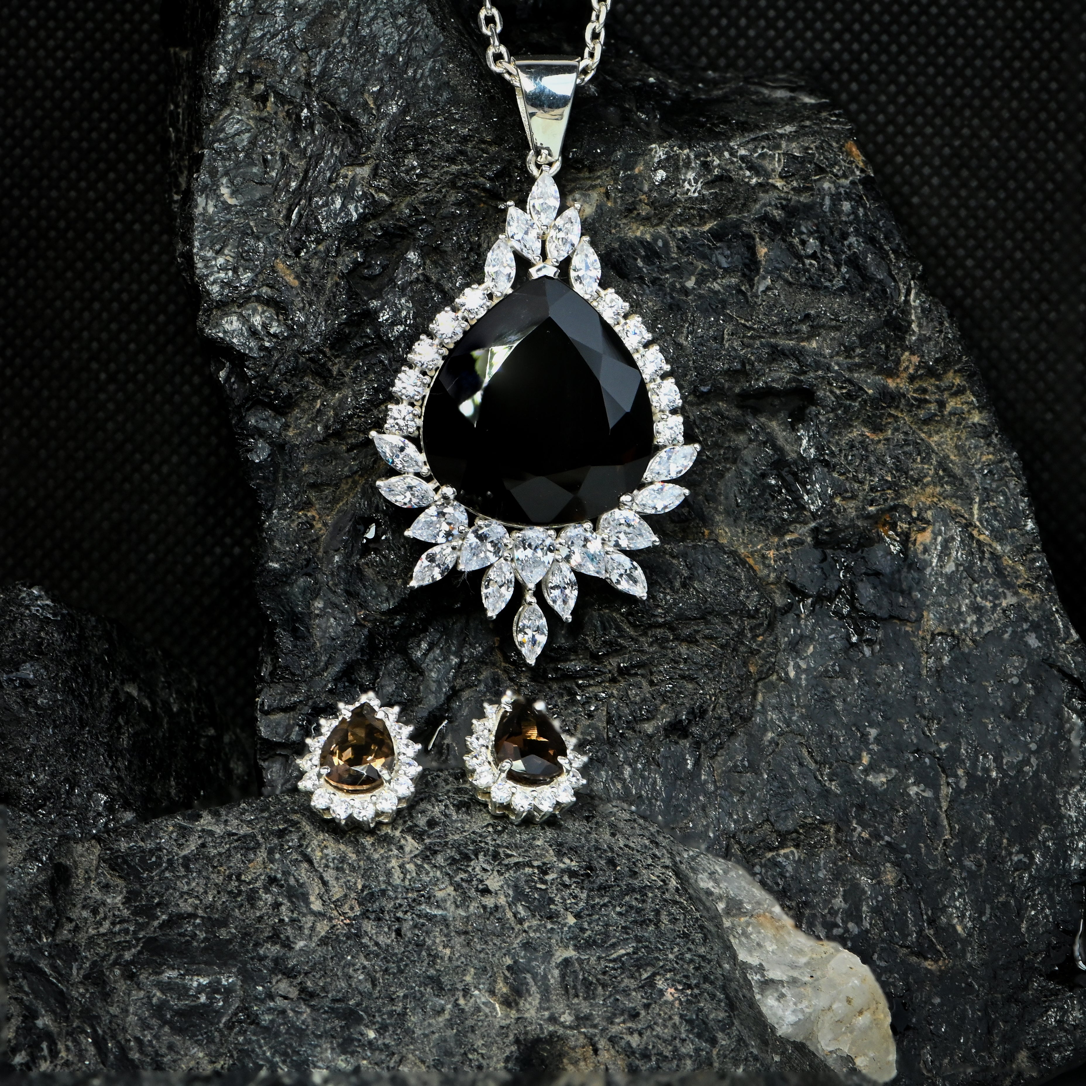 925 Sterling Silver Smoky Pear Necklace Set with Prong-Set Gemstone