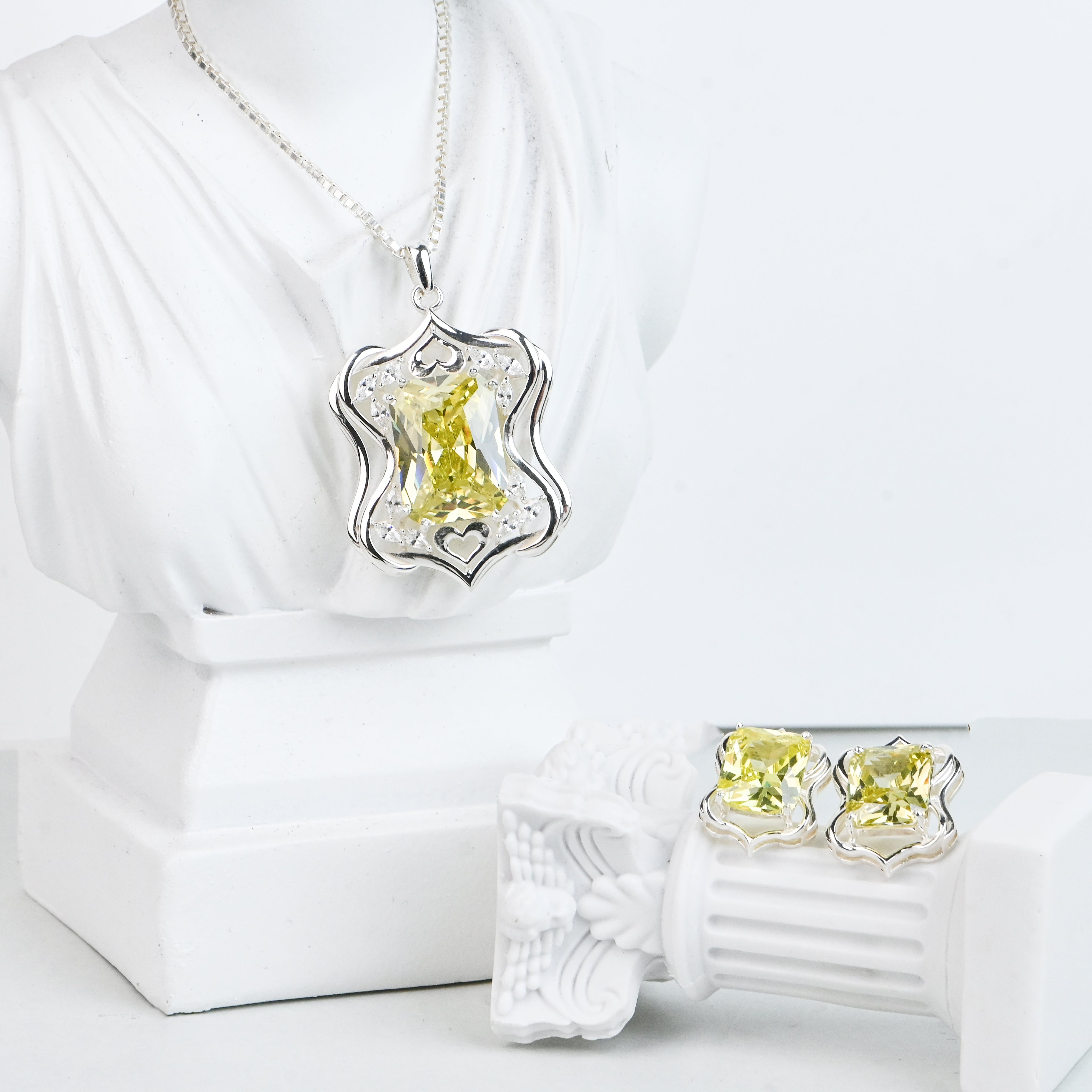 925 Silver Prong-Set Radiant Emission Necklace with Matching Earrings Birthday Gift