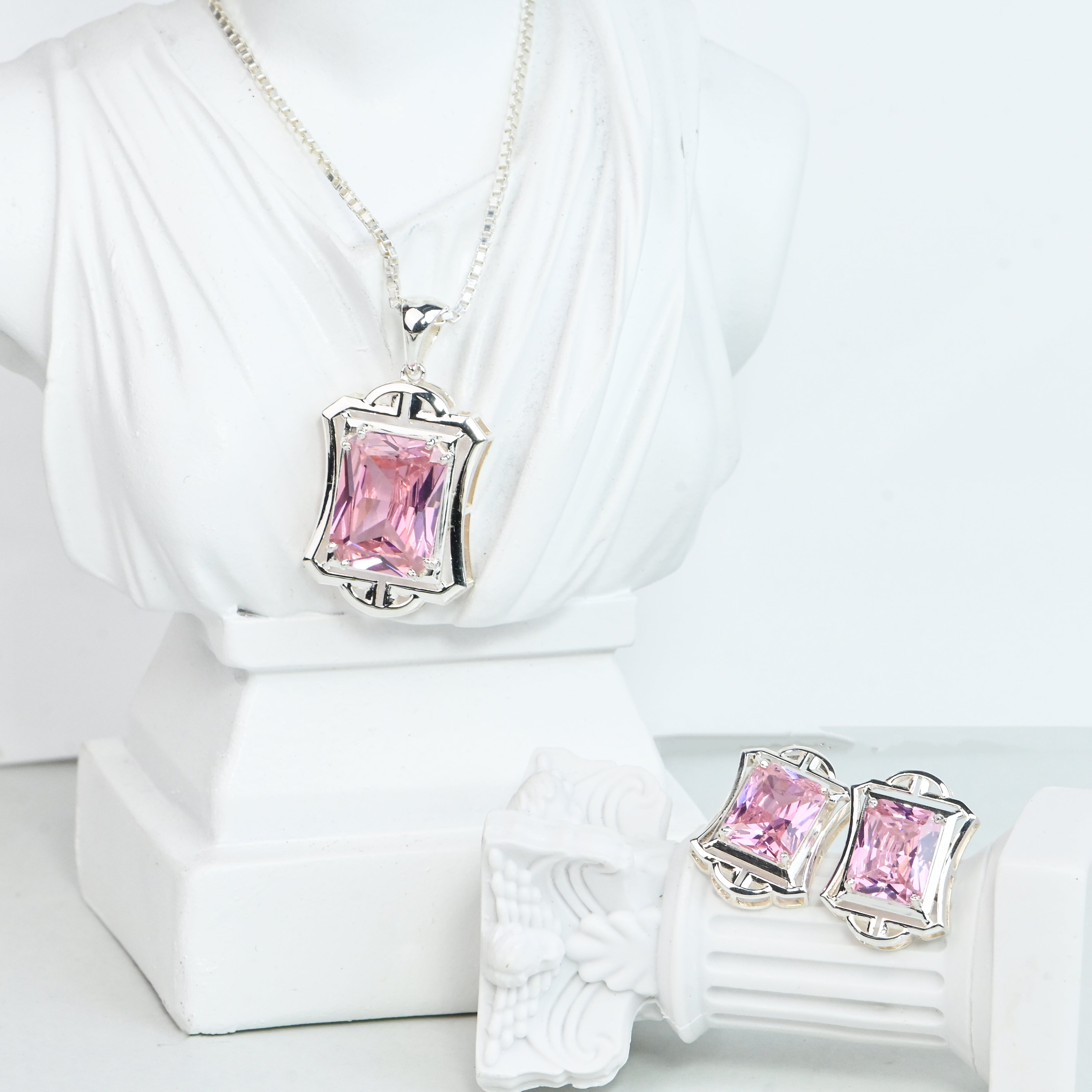 925 Silver Prong-Set Radiant Emission Necklace with Matching Earrings Wedding Gift