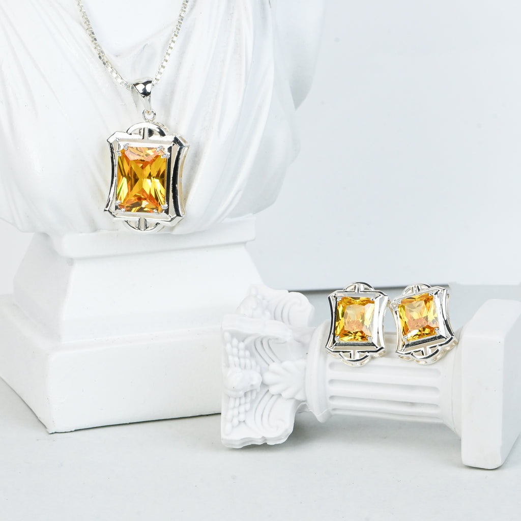 925 Silver Prong-Set Citrine Octagon Pendant With Earring – 30g Party Wear