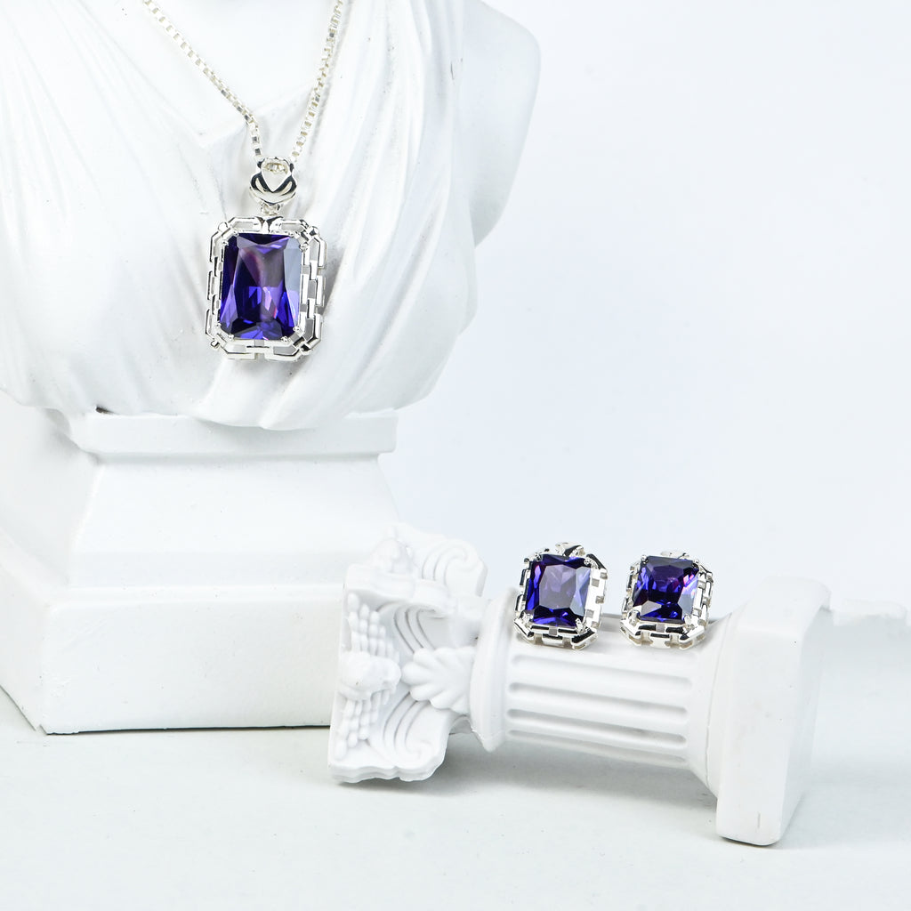 925 Sterling Silver Radiant Emission Necklace With Earring  in Prong Setting Everyday Wear Jewellery