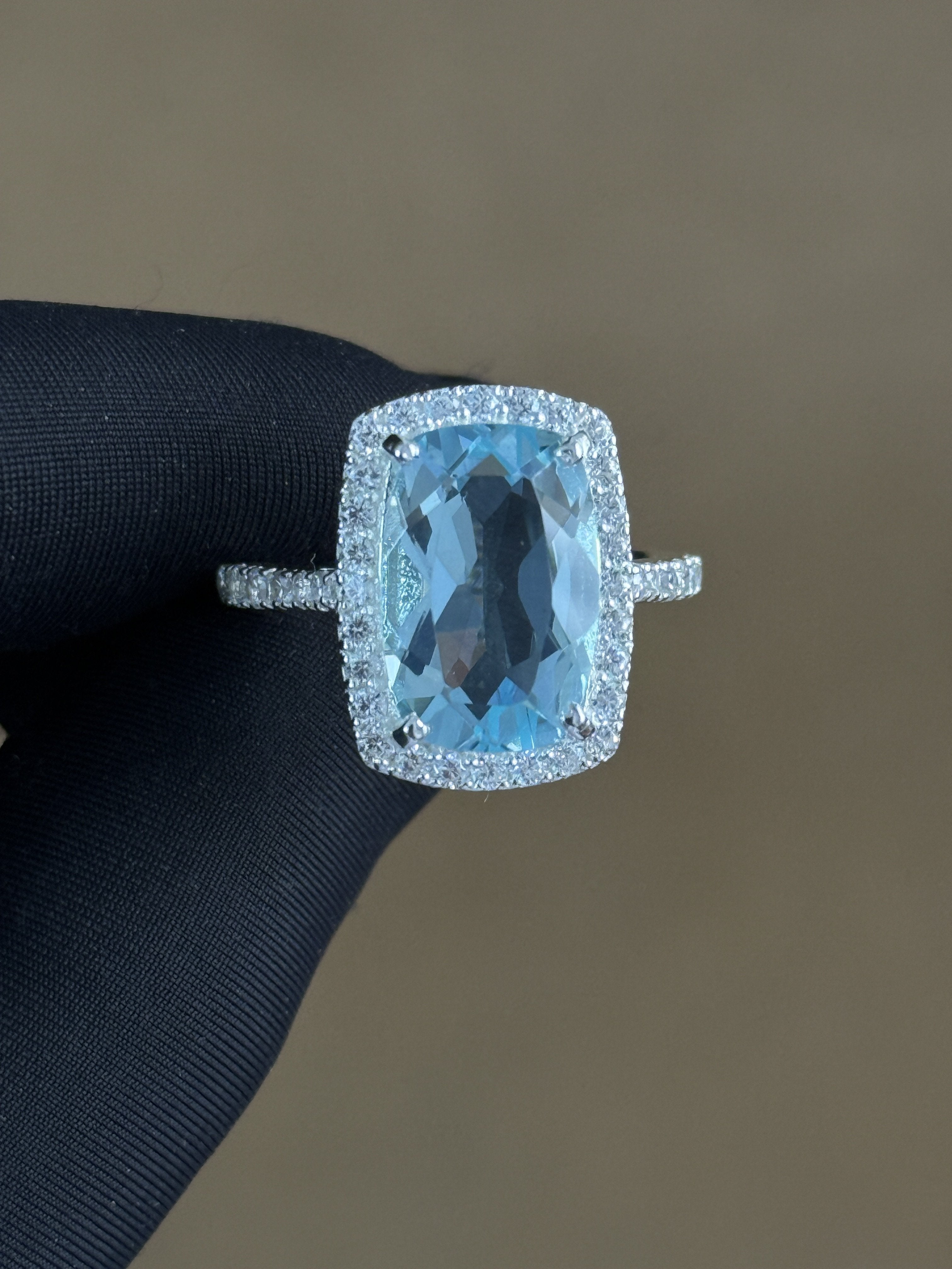 925 Silver Prong-Set Lab Aquamarine Ring – Cushion-Cut Gemstone, 7 Gram Bridal Jewellery