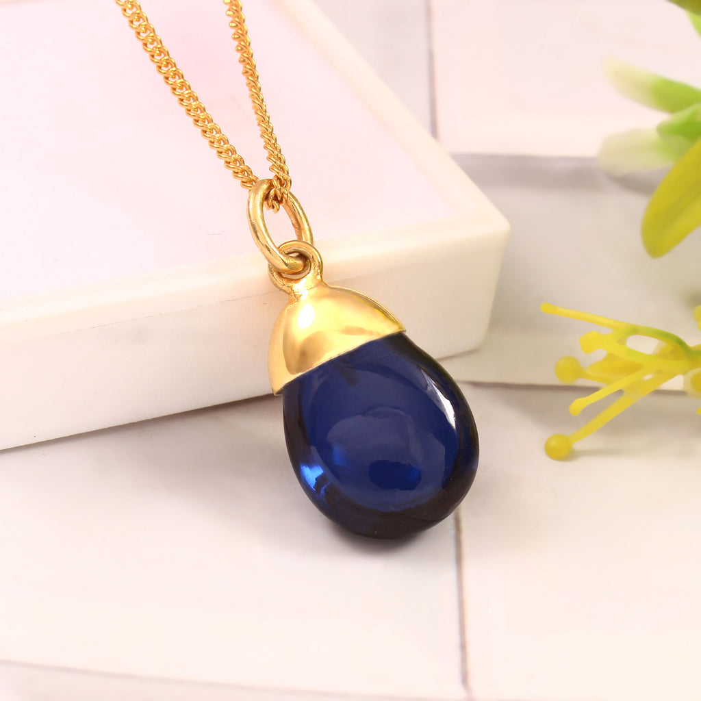 925 Sterling Silver Necklace with Pear Cabochon Lab Stone Minimal Pendant for Everyday Wear