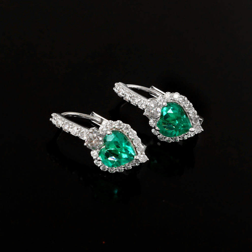 925 Silver Heart-Shaped Lab Emerald Earrings Drop Hoop Earrings Gift for Her