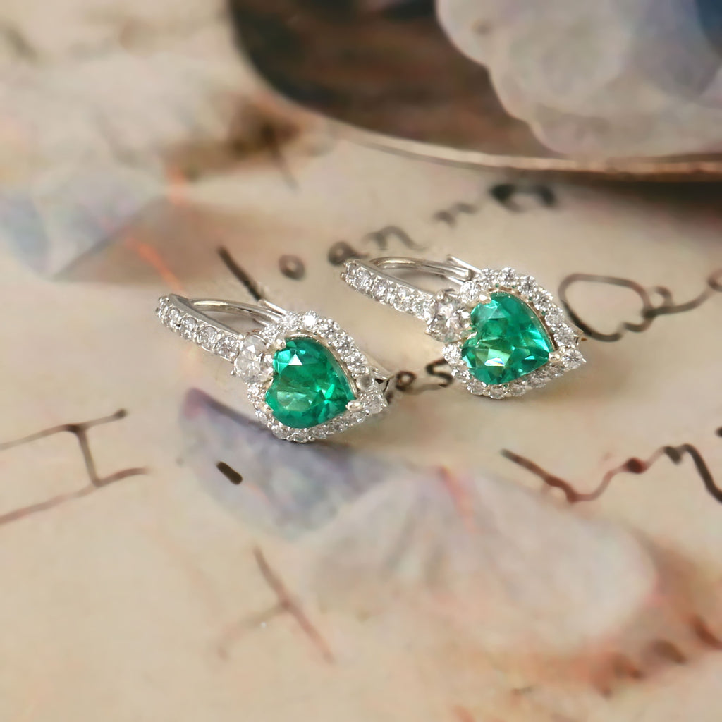 925 Silver Heart-Shaped Lab Emerald Earrings Drop Hoop Earrings Gift for Her