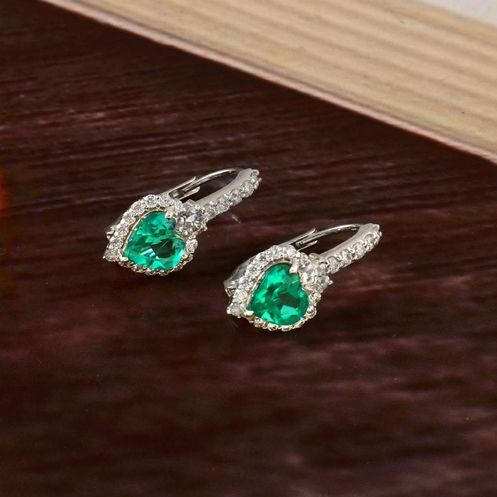 925 Silver Heart-Shaped Lab Emerald Earrings Drop Hoop Earrings Gift for Her