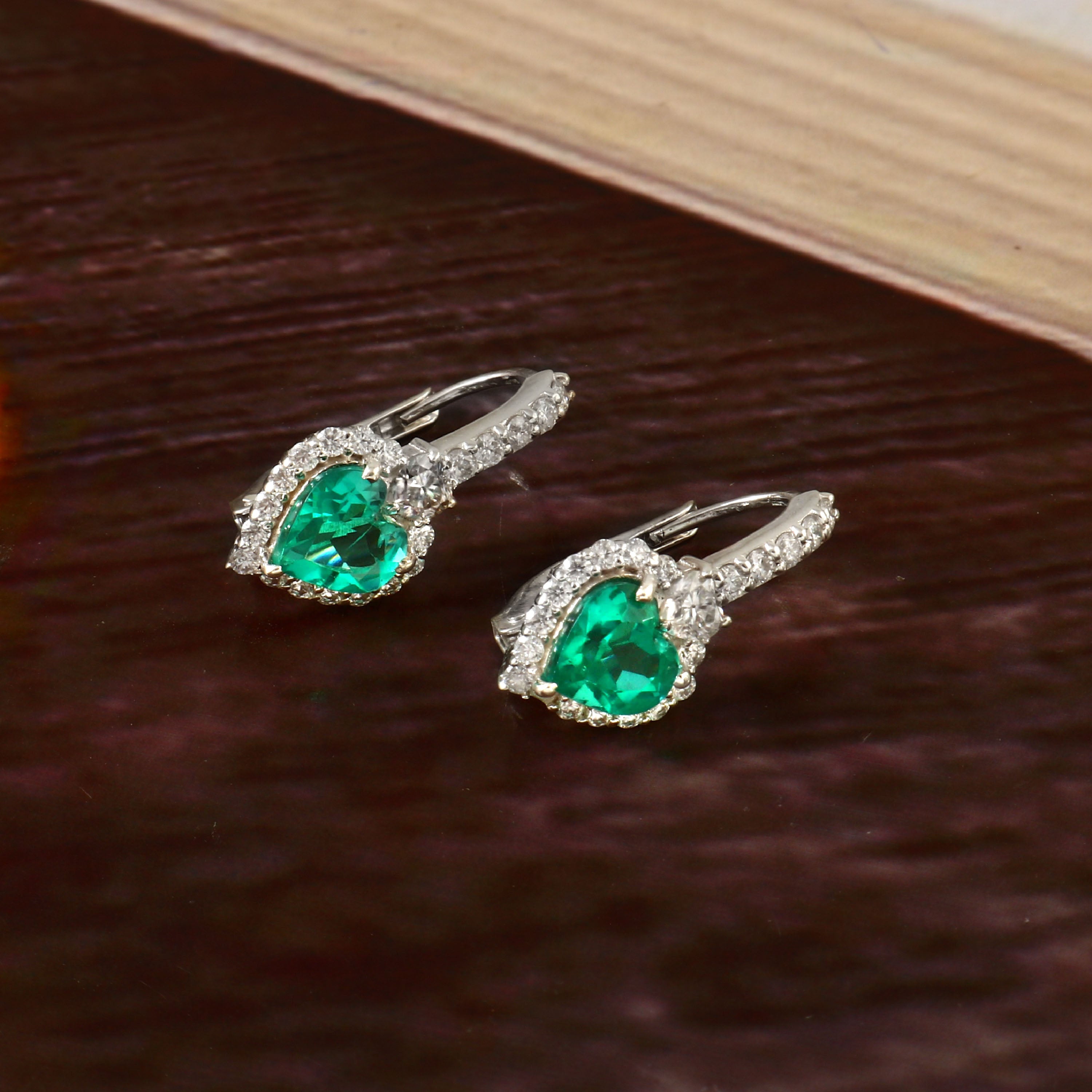 925 Silver Heart-Shaped Lab Emerald Earrings Drop Hoop Earrings Gift for Her