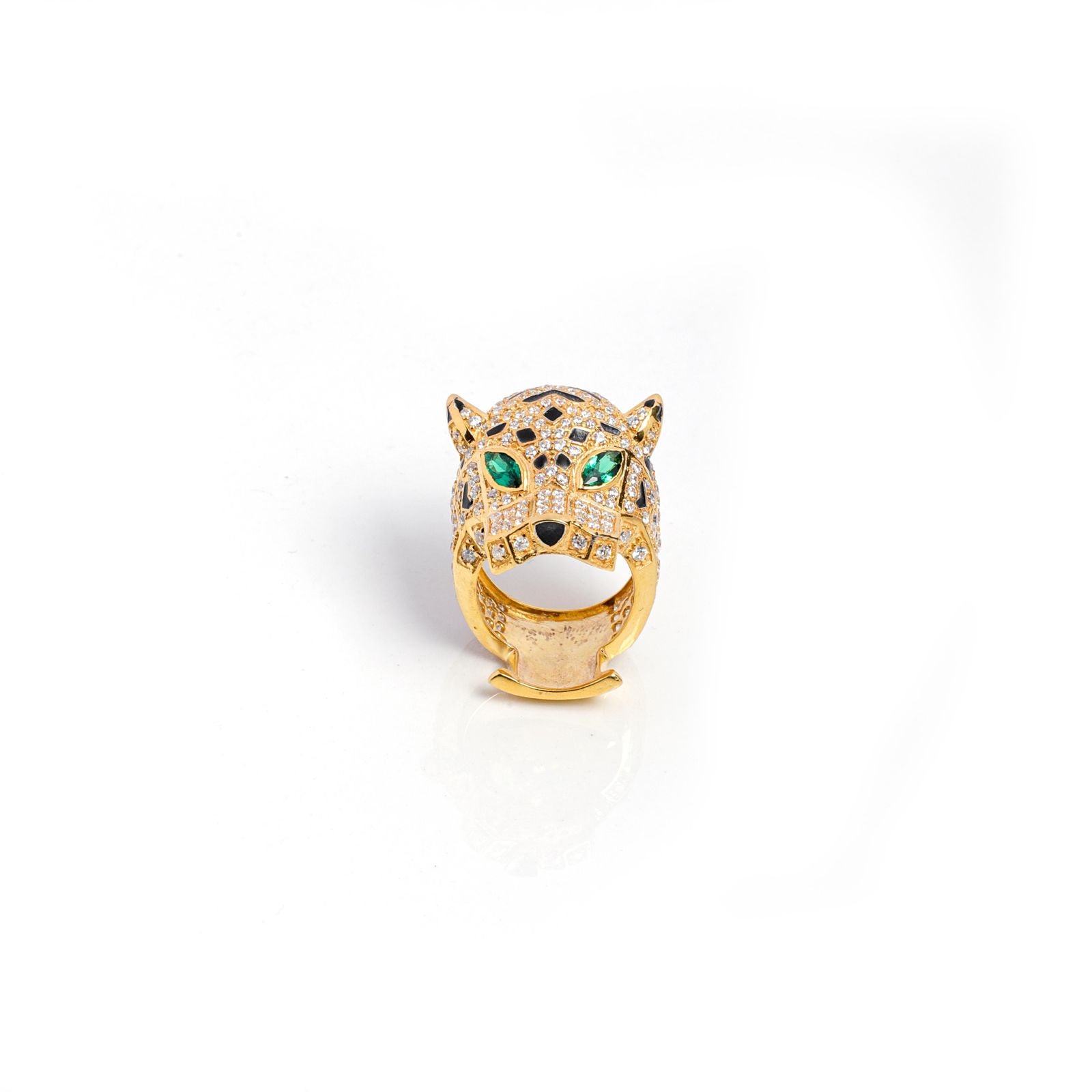 Gold Plated 925 Sterling Silver Panther Ring – Cubic Zirconia & Emerald Eyes