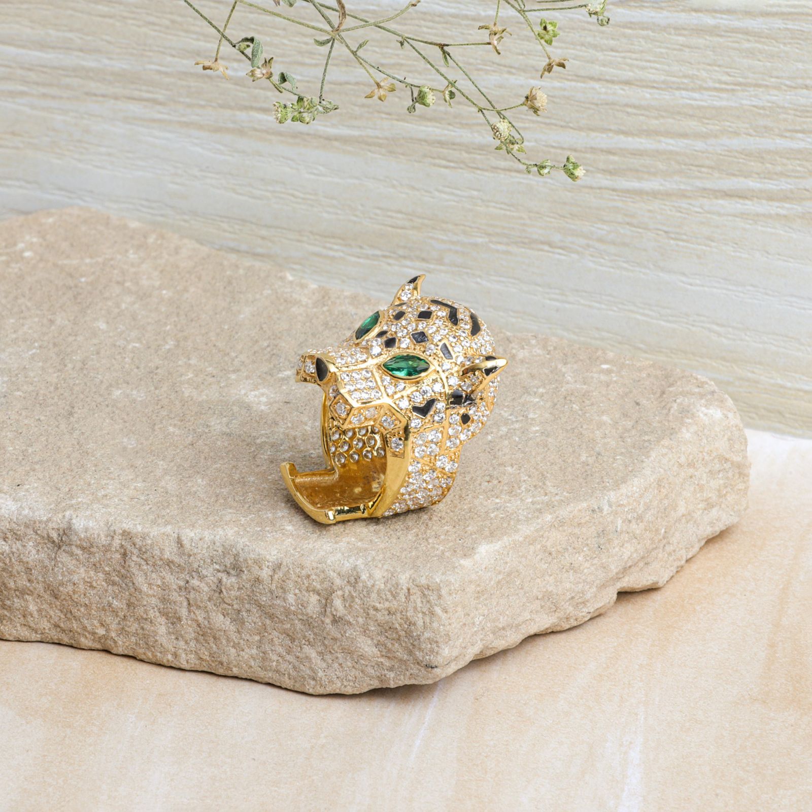 Gold Plated 925 Sterling Silver Panther Ring – Cubic Zirconia & Emerald Eyes