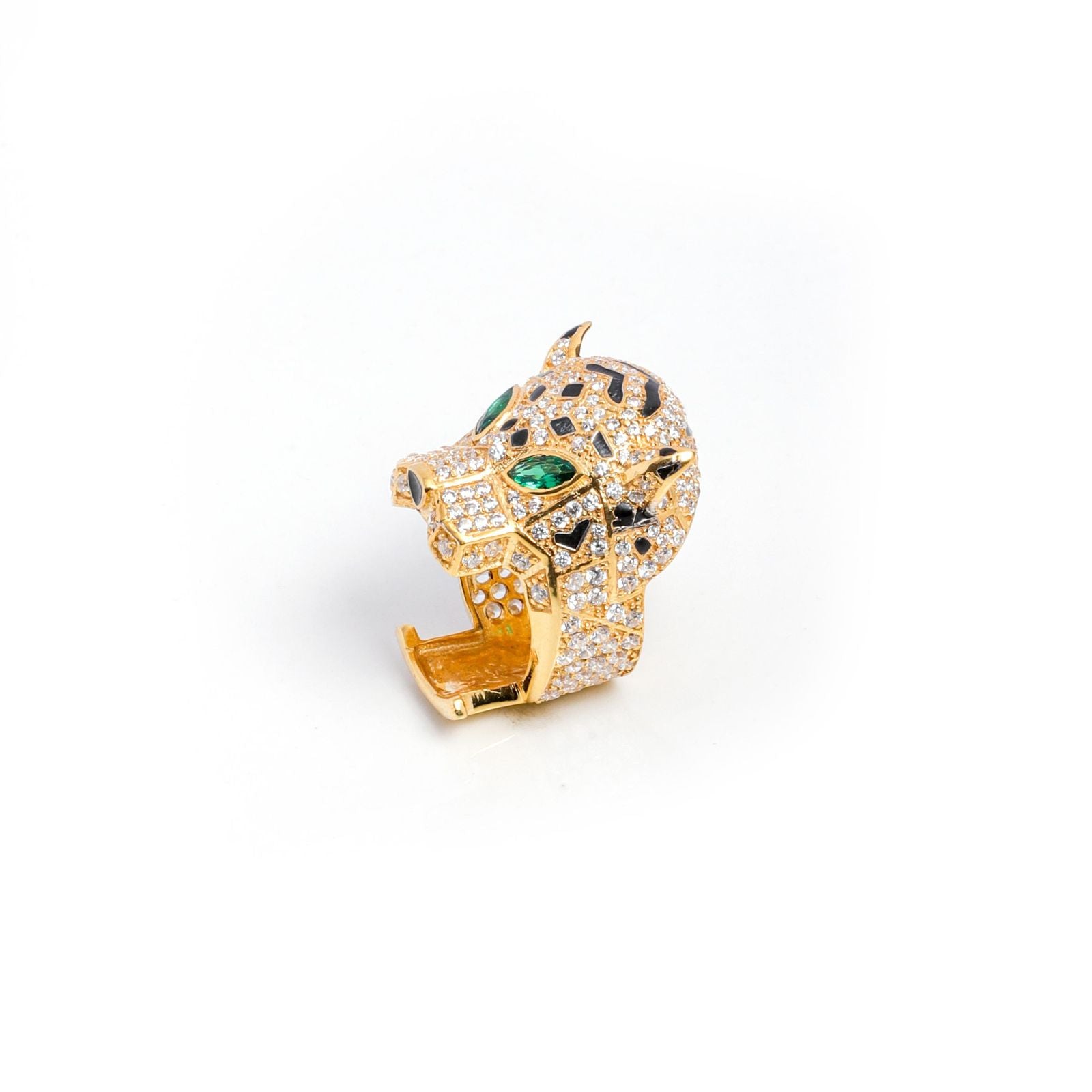 Gold Plated 925 Sterling Silver Panther Ring – Cubic Zirconia & Emerald Eyes