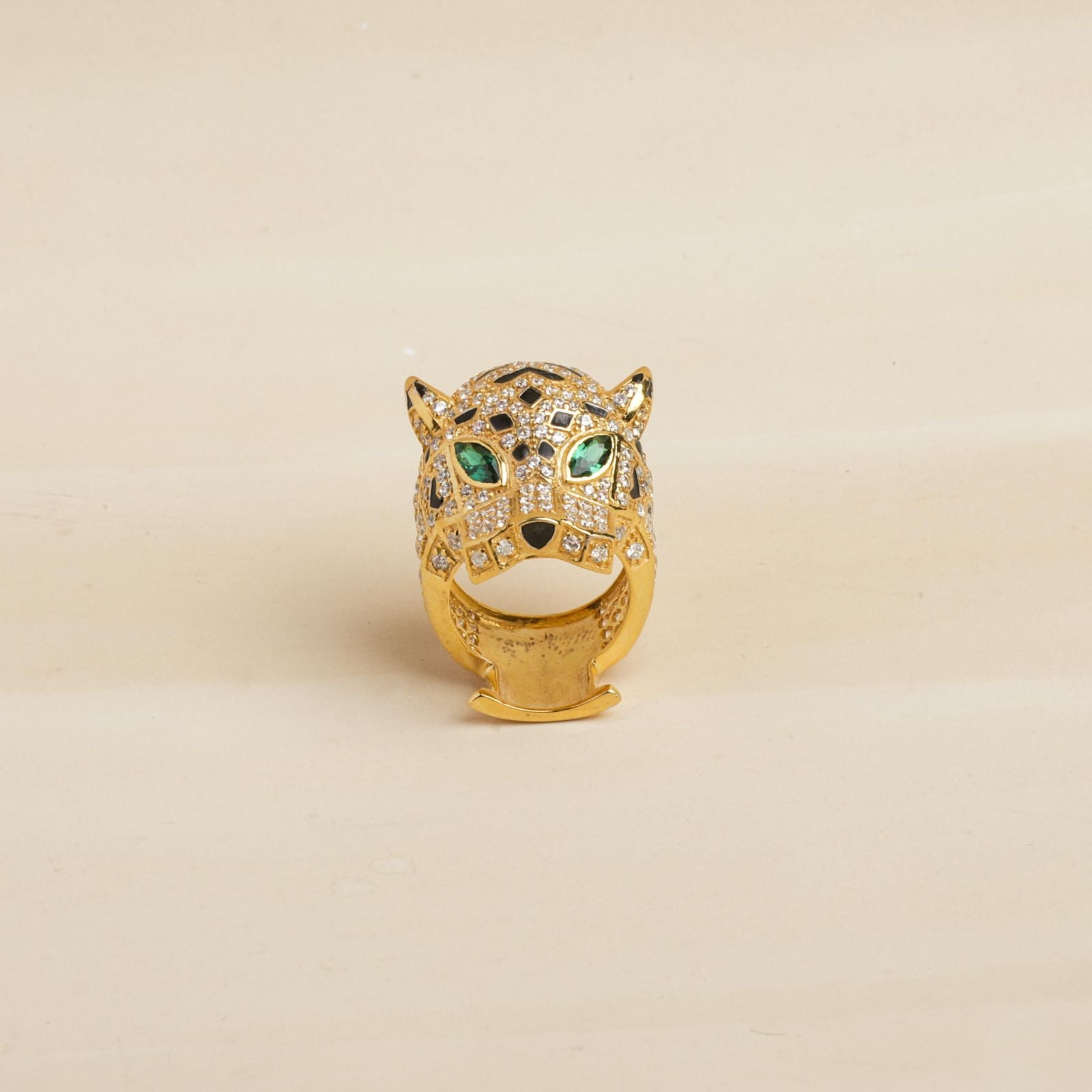 Gold Plated 925 Sterling Silver Panther Ring – Cubic Zirconia & Emerald Eyes