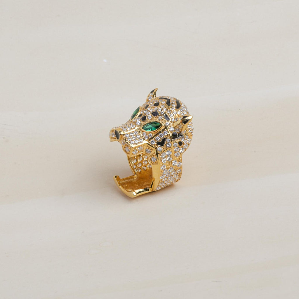 Gold Plated 925 Sterling Silver Panther Ring – Cubic Zirconia & Emerald Eyes