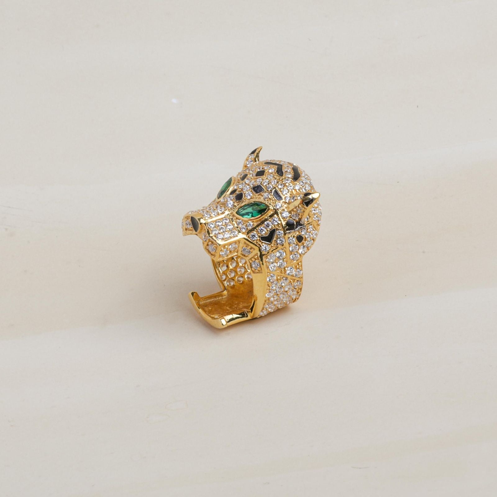 Gold Plated 925 Sterling Silver Panther Ring – Cubic Zirconia & Emerald Eyes