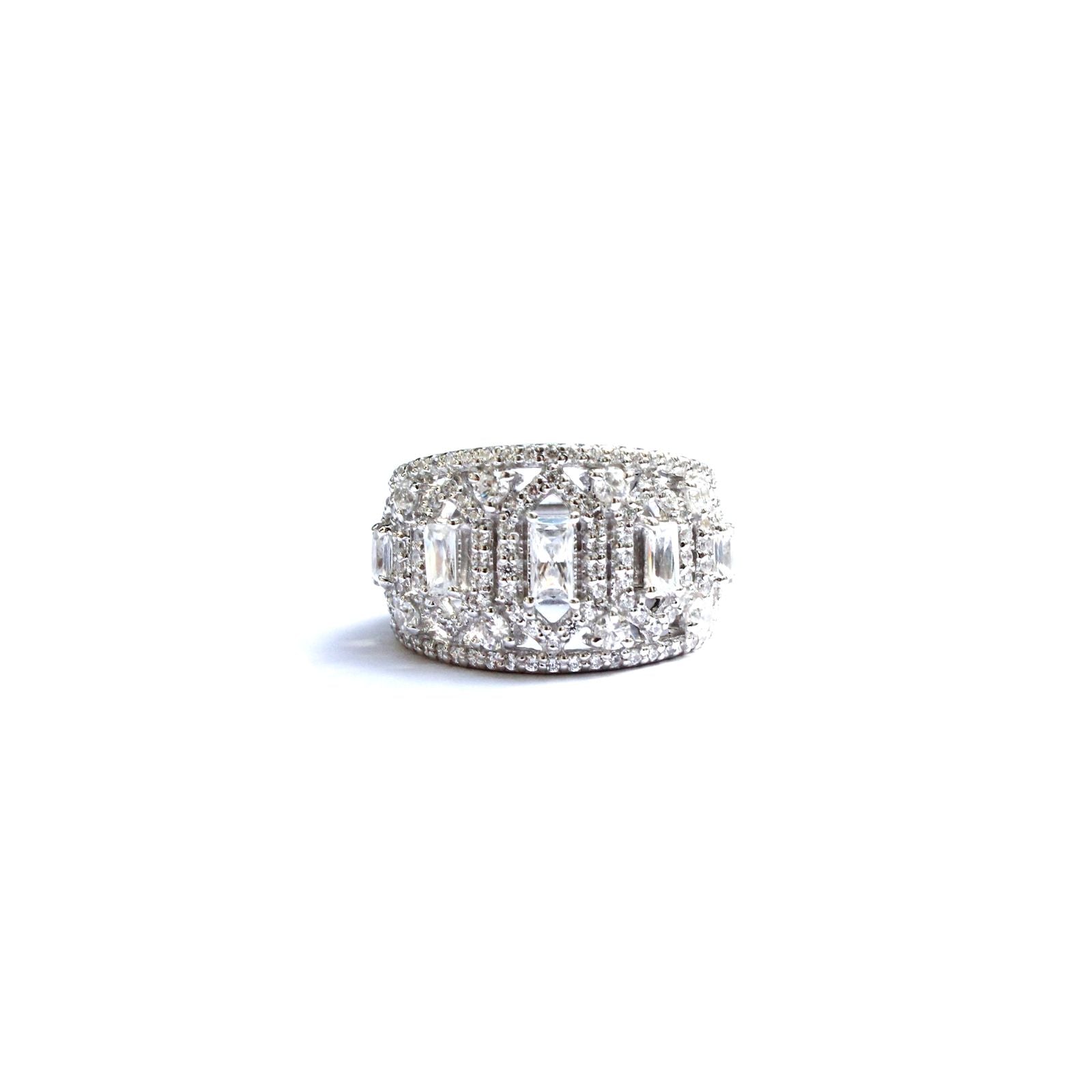 925 Sterling Silver Cubic Zirconia Ring – Elegant Baguette & Round Cut Design