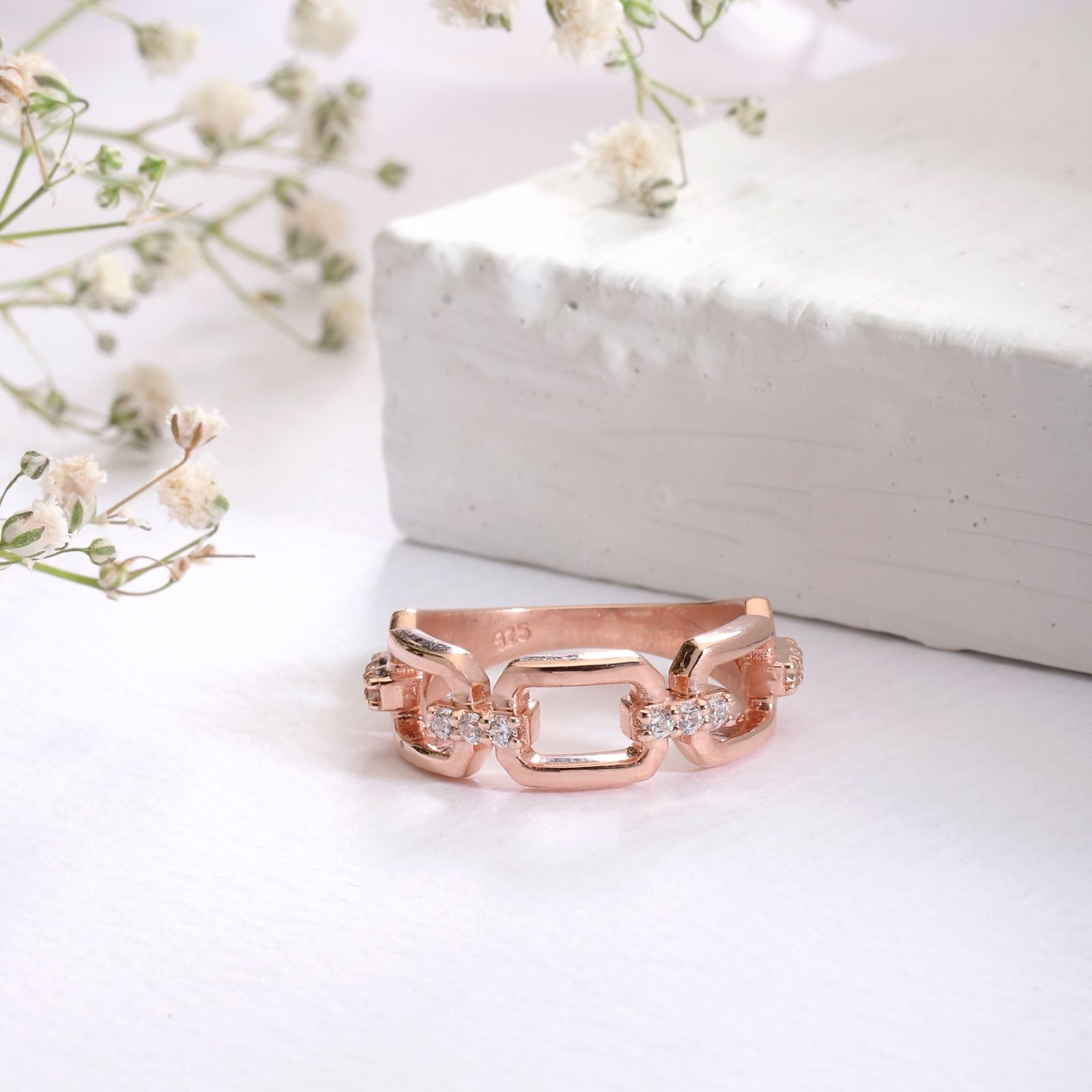 Rose Gold Plated 925 Sterling Silver Chain Link Ring with Cubic Zirconia