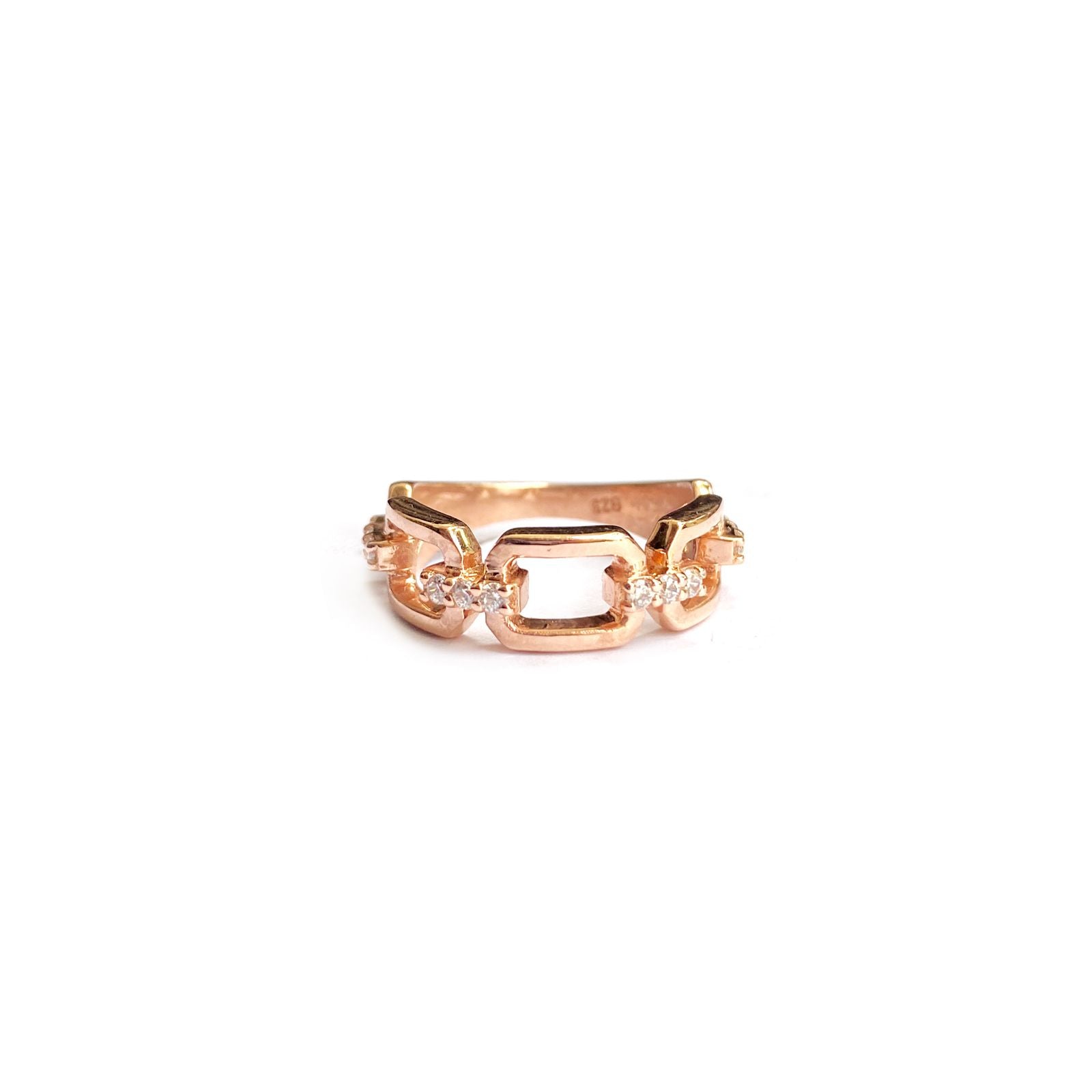 Rose Gold Plated 925 Sterling Silver Chain Link Ring with Cubic Zirconia