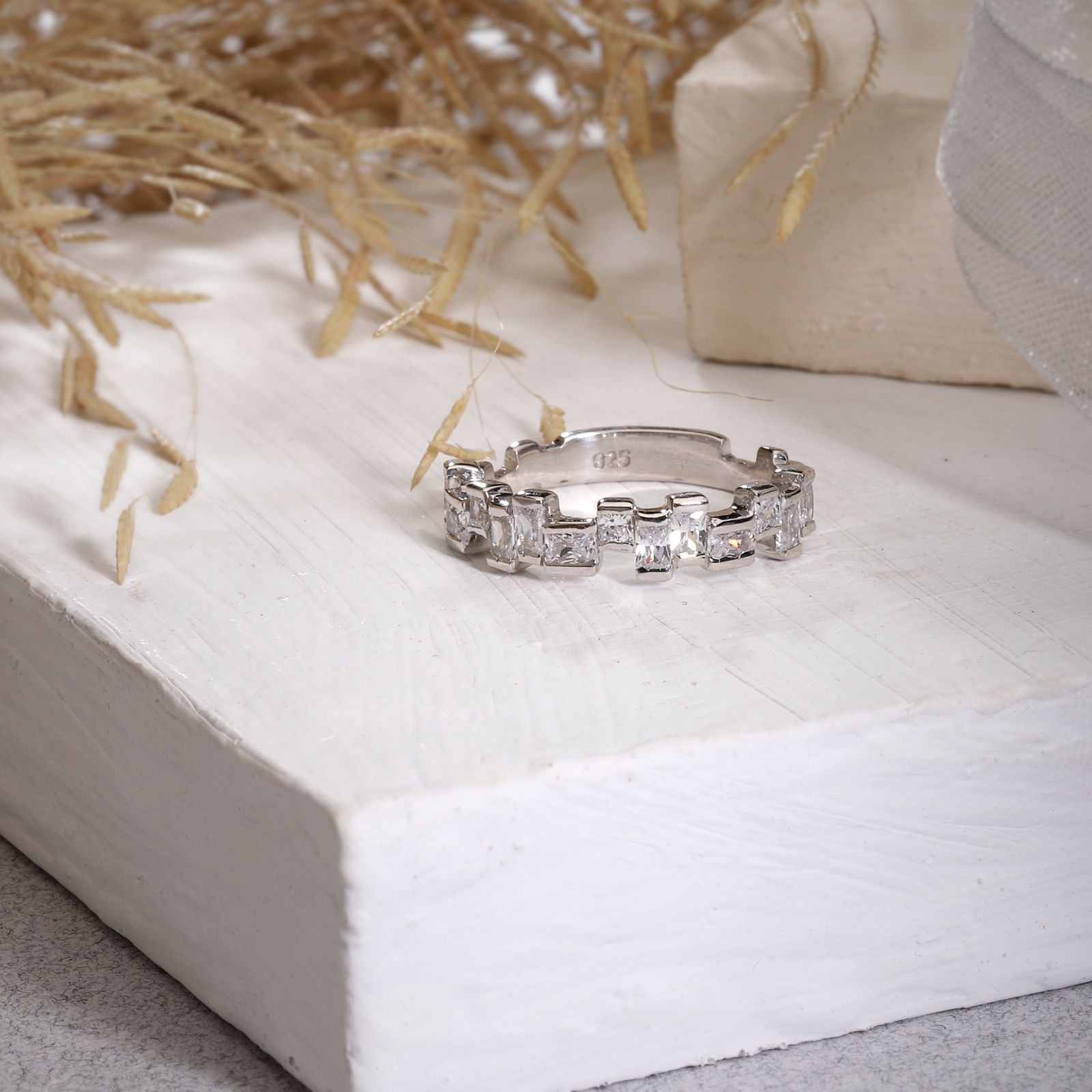 Vintage 925 Sterling Silver Band Ring with Princess Cut Cubic Zirconia