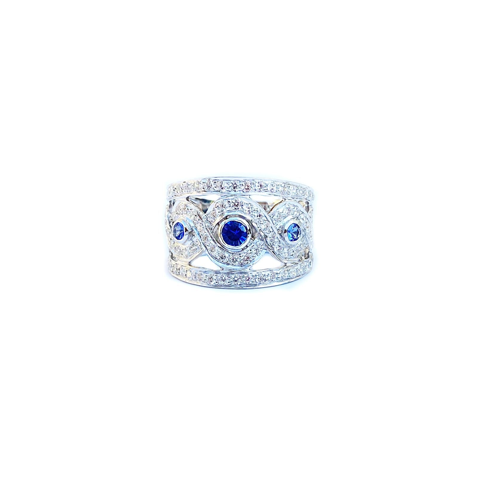 925 Sterling Silver Ring with Lab-Created Blue Sapphires – Wide Band Pavé Design