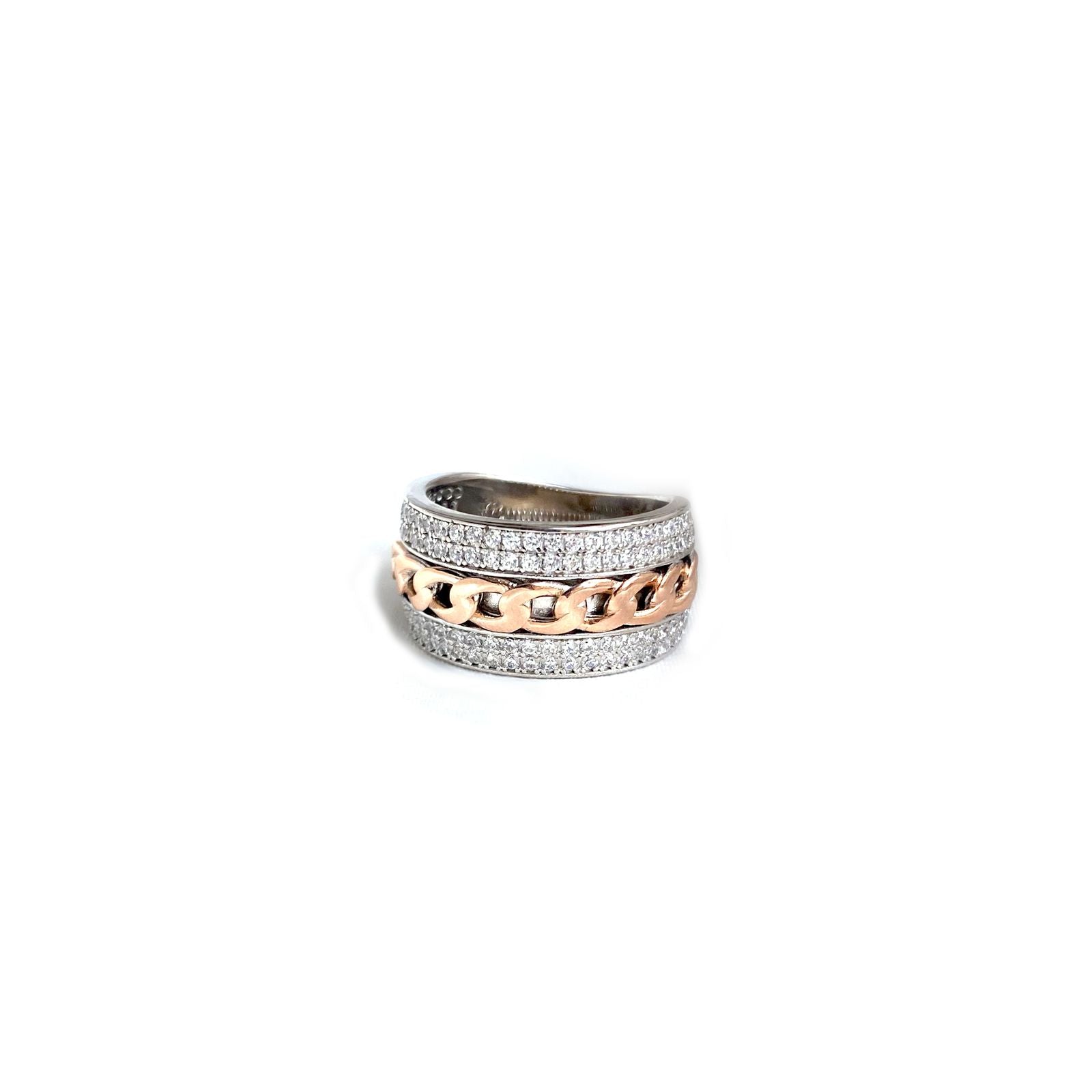 925 Sterling Silver Yellow Gold Plated  Chain Link Ring with Cubic Zirconia