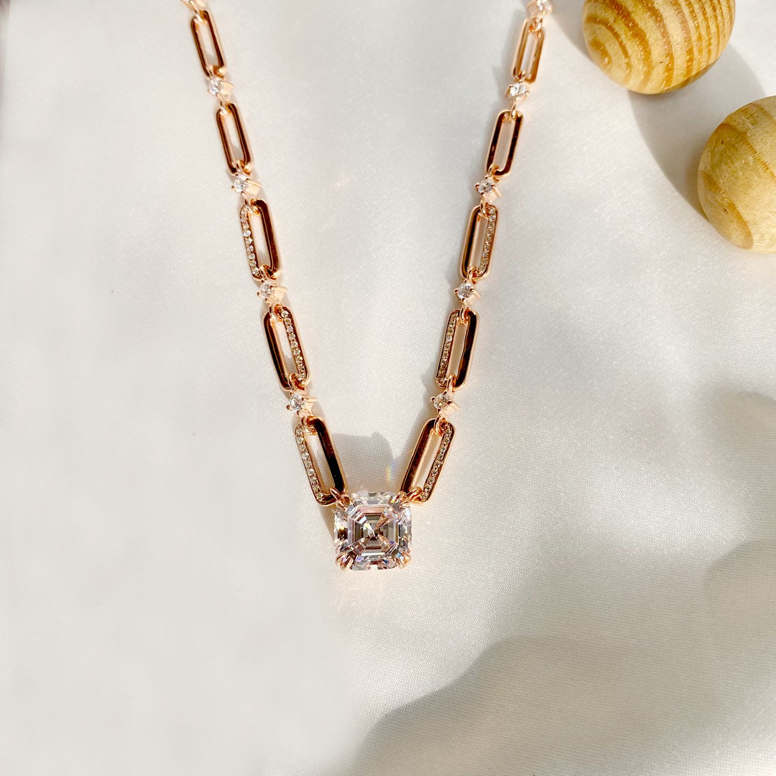 Rose Gold-Plated CZ Statement Necklace – Elegant Link Chain Design