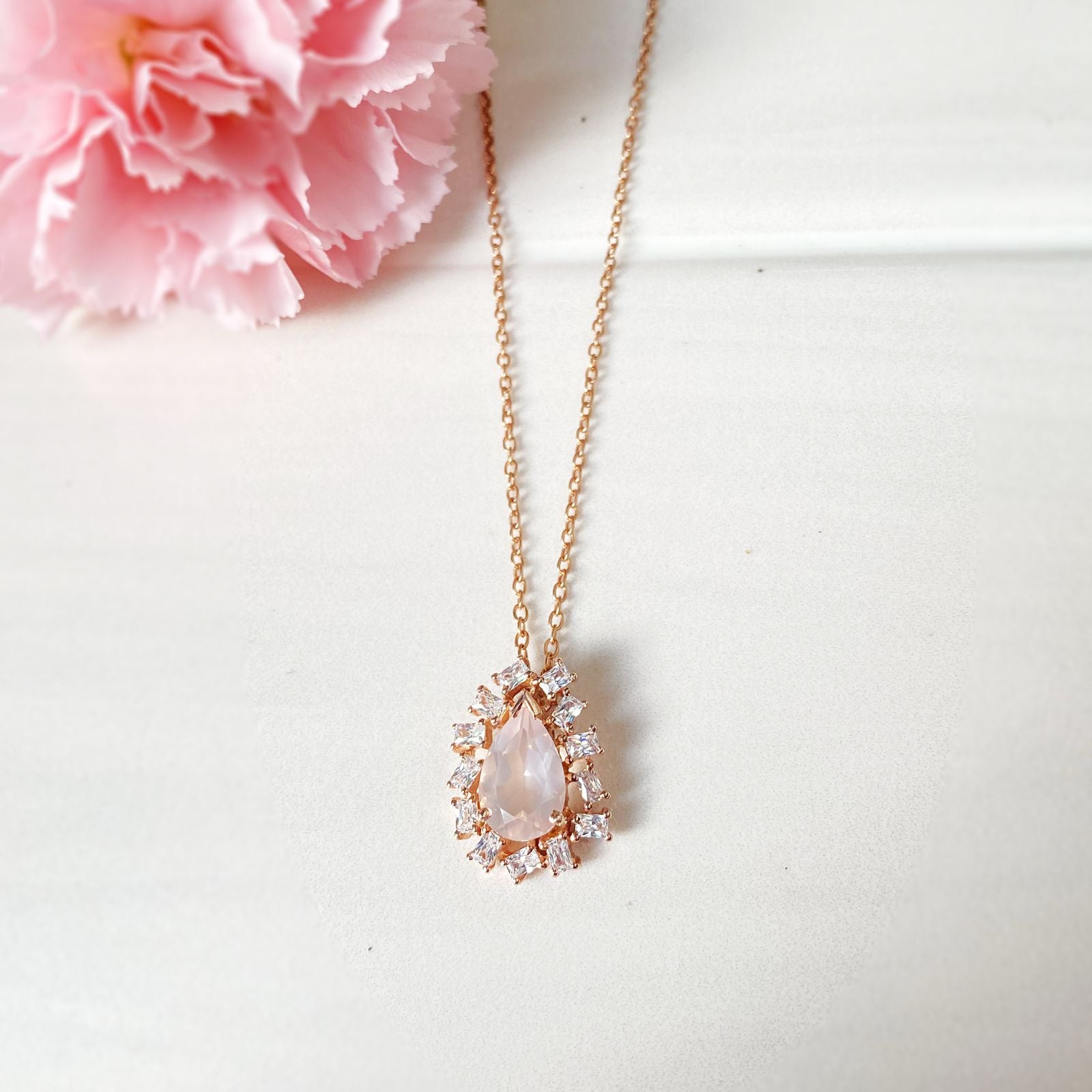 Morganite & CZ Pendant Necklace – Elegant Rose Gold Teardrop Charm