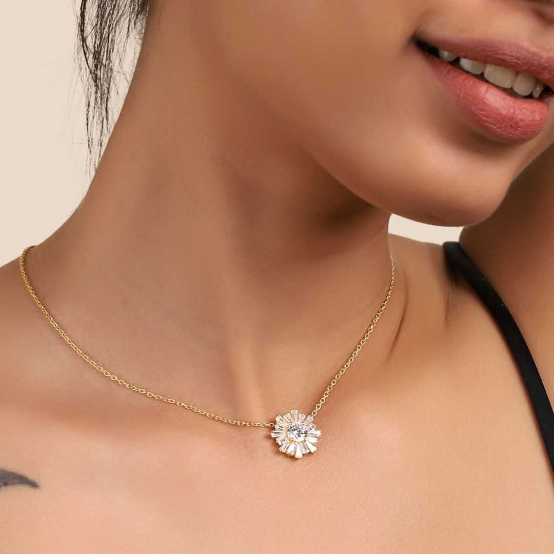 Elegant CZ Round Pendant 925 Sterling Silver Necklace – Gold Plated Chain