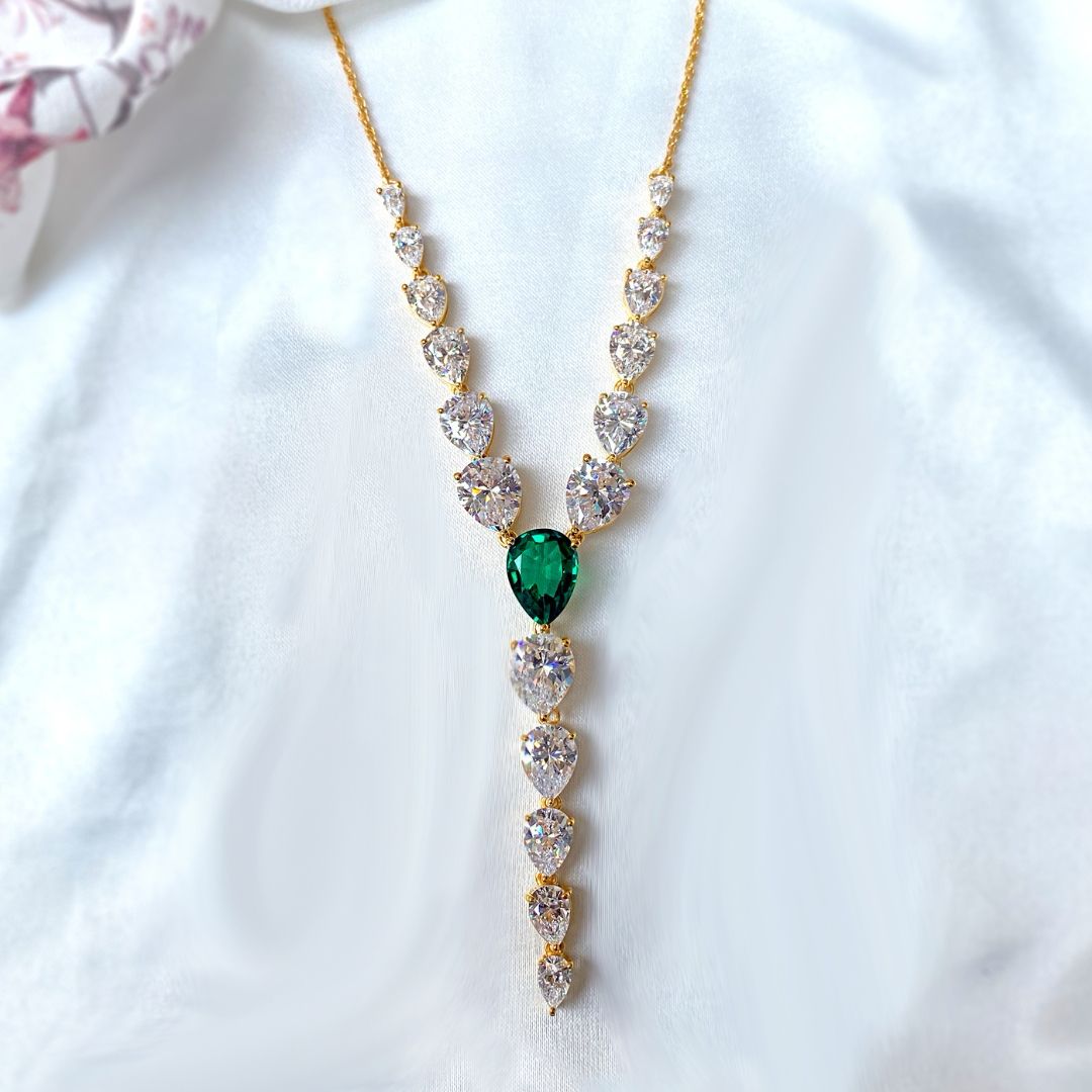 Lab Emerald & CZ Teardrop Necklace in 925 Sterling Silver