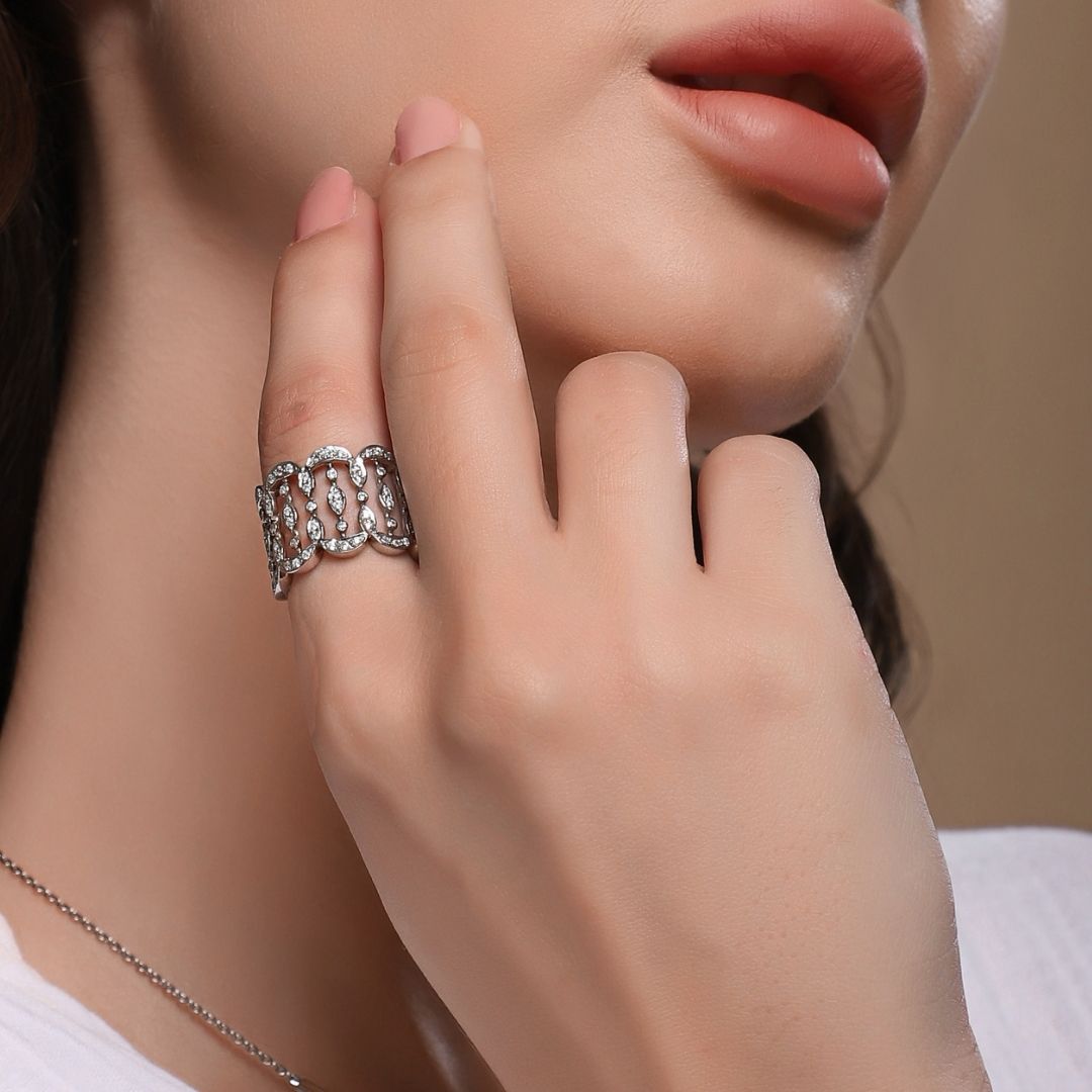 Bold Floral Design Cubic Zirconia Wedding Ring – 925 Sterling Silver