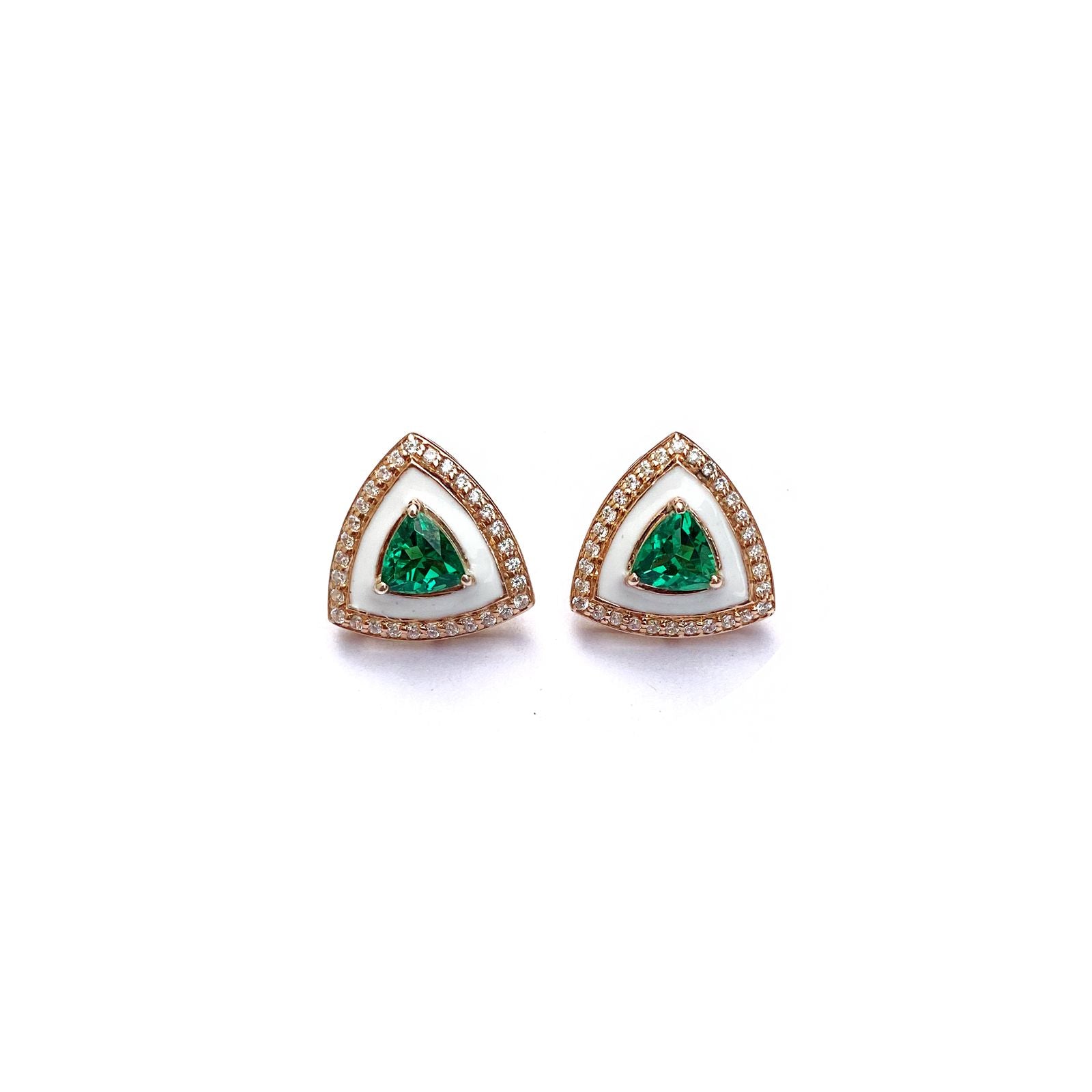 Lab Emerald & White Enamel Triangle Stud Earrings – Gold-Plated Geometric Design