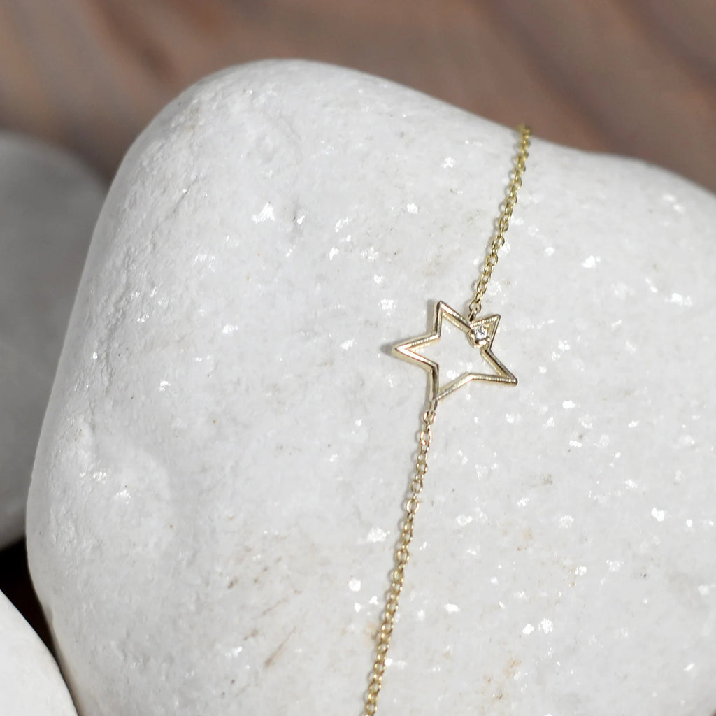 14k Solid Gold Diamond Crescent Moon Bracelet: Dainty Celestial Jewelry