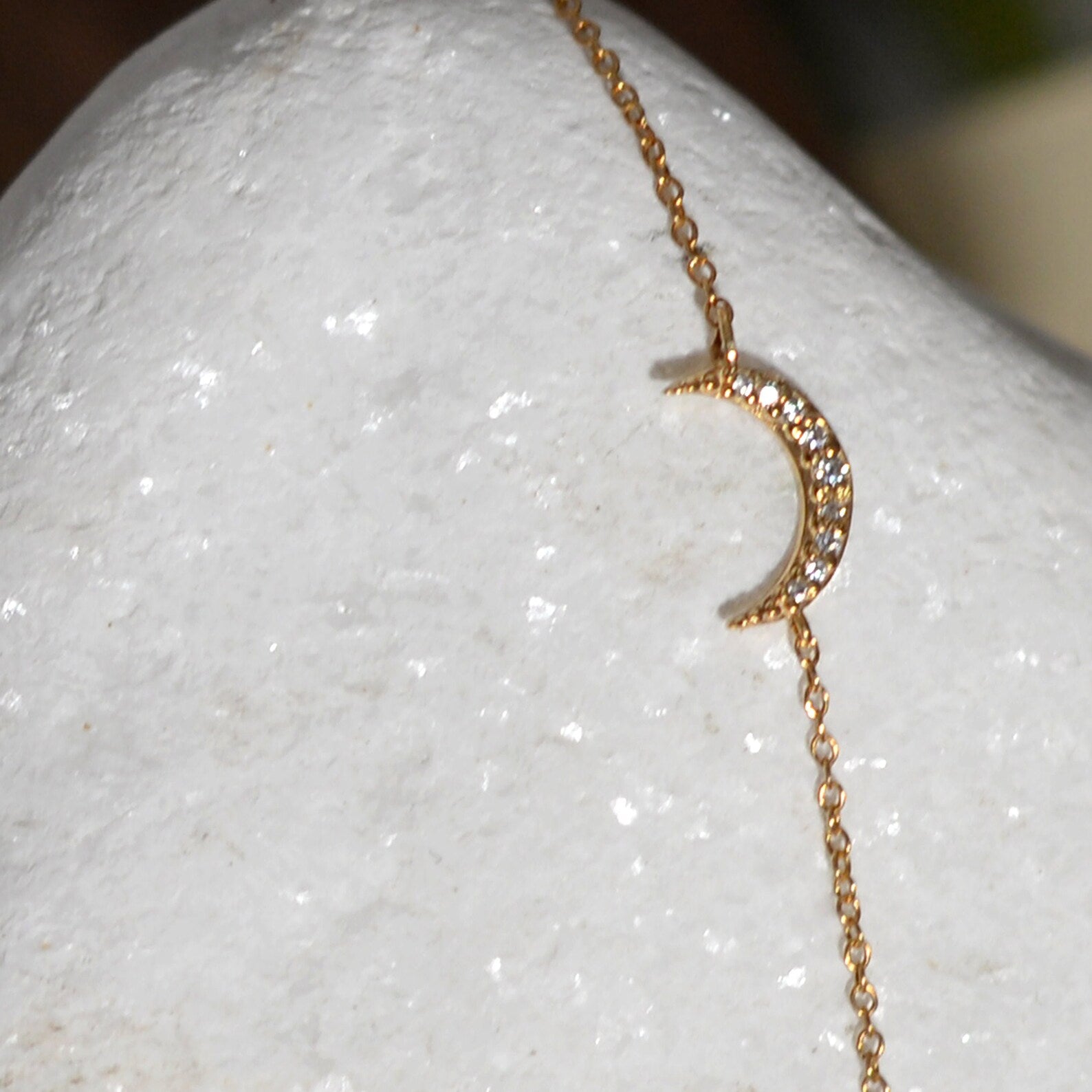 14K Solid Gold Diamond Moon Bracelet: Celestial Jewelry