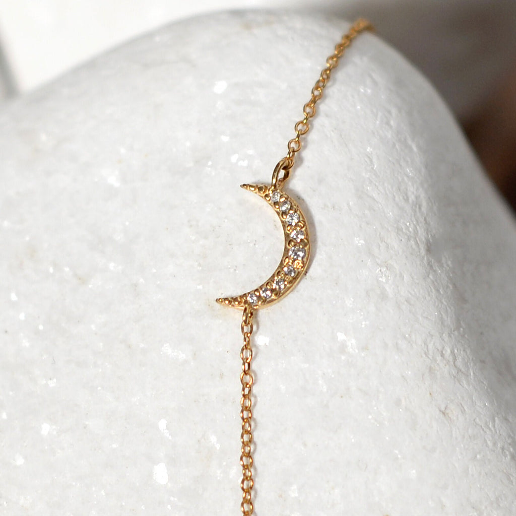 14K Solid Gold Diamond Moon Bracelet: Celestial Jewelry