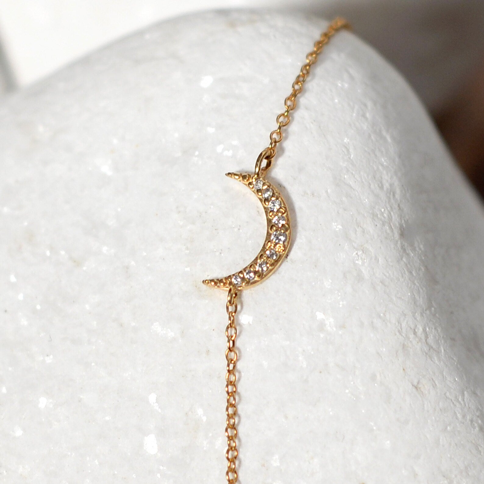 14K Solid Gold Diamond Moon Bracelet: Celestial Jewelry