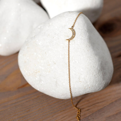 14K Solid Gold Diamond Moon Bracelet: Celestial Jewelry