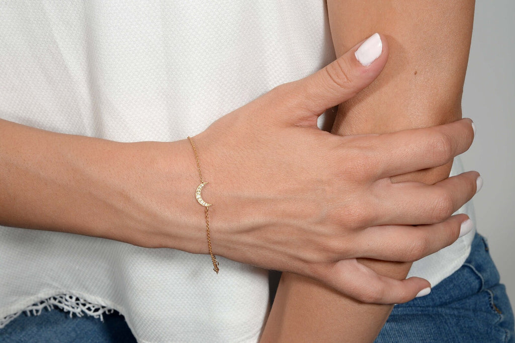14K Solid Gold Diamond Moon Bracelet: Celestial Jewelry