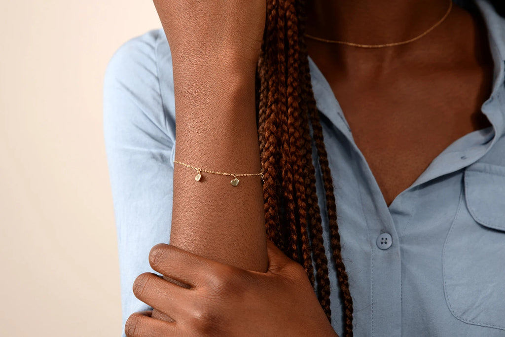 14K Solid Gold Heart Bracelet: Dainty Hanging Hearts Bracelet
