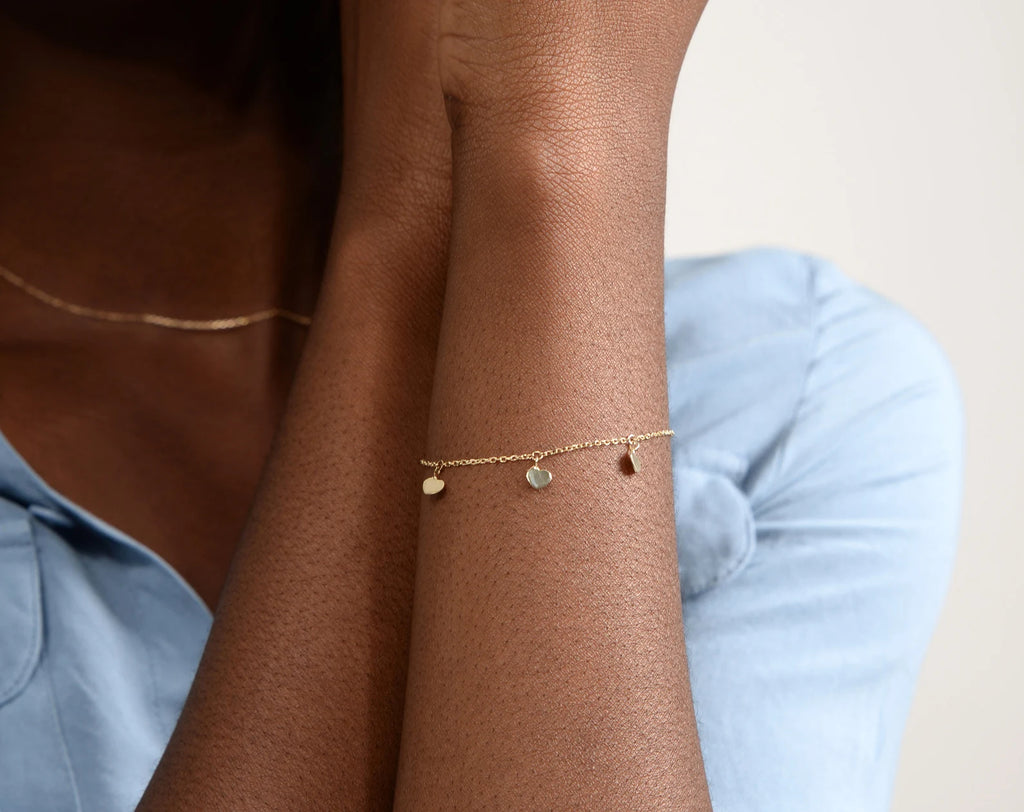 14K Solid Gold Heart Bracelet: Dainty Hanging Hearts Bracelet