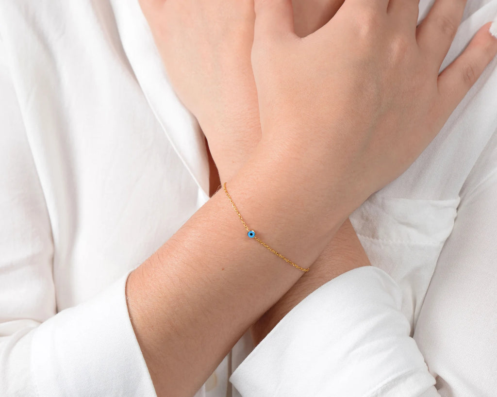 14K Solid Gold Evil Eye Bracelet: Double Sided Charm Bracelet