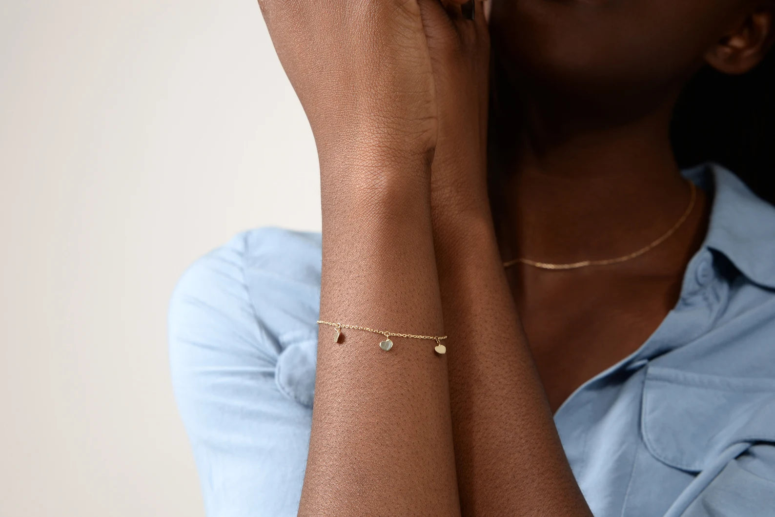 14K Solid Gold Heart Bracelet: Dainty Hanging Hearts Bracelet