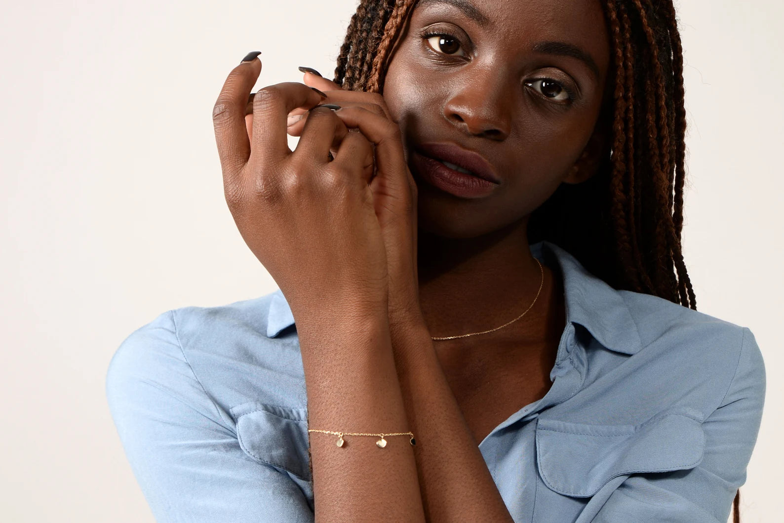 14K Solid Gold Heart Bracelet: Dainty Hanging Hearts Bracelet